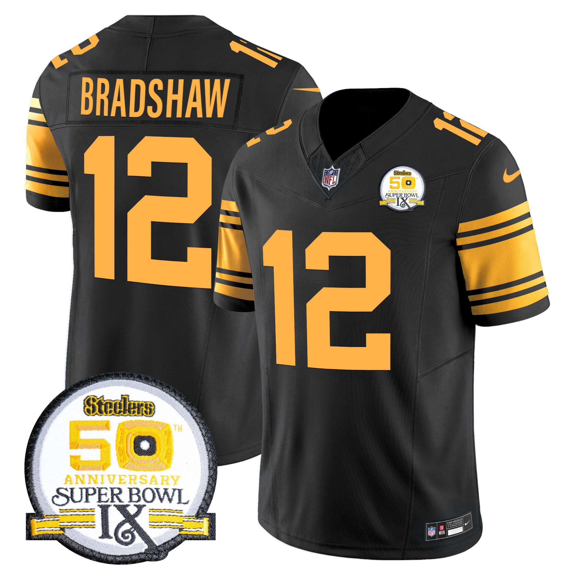 Men's Terry Bradshaw Pittsburgh Steelers 50th Anniversary Of Super Bowl IX Patch Vapor Limited Color Rush Jersey - All Stitched