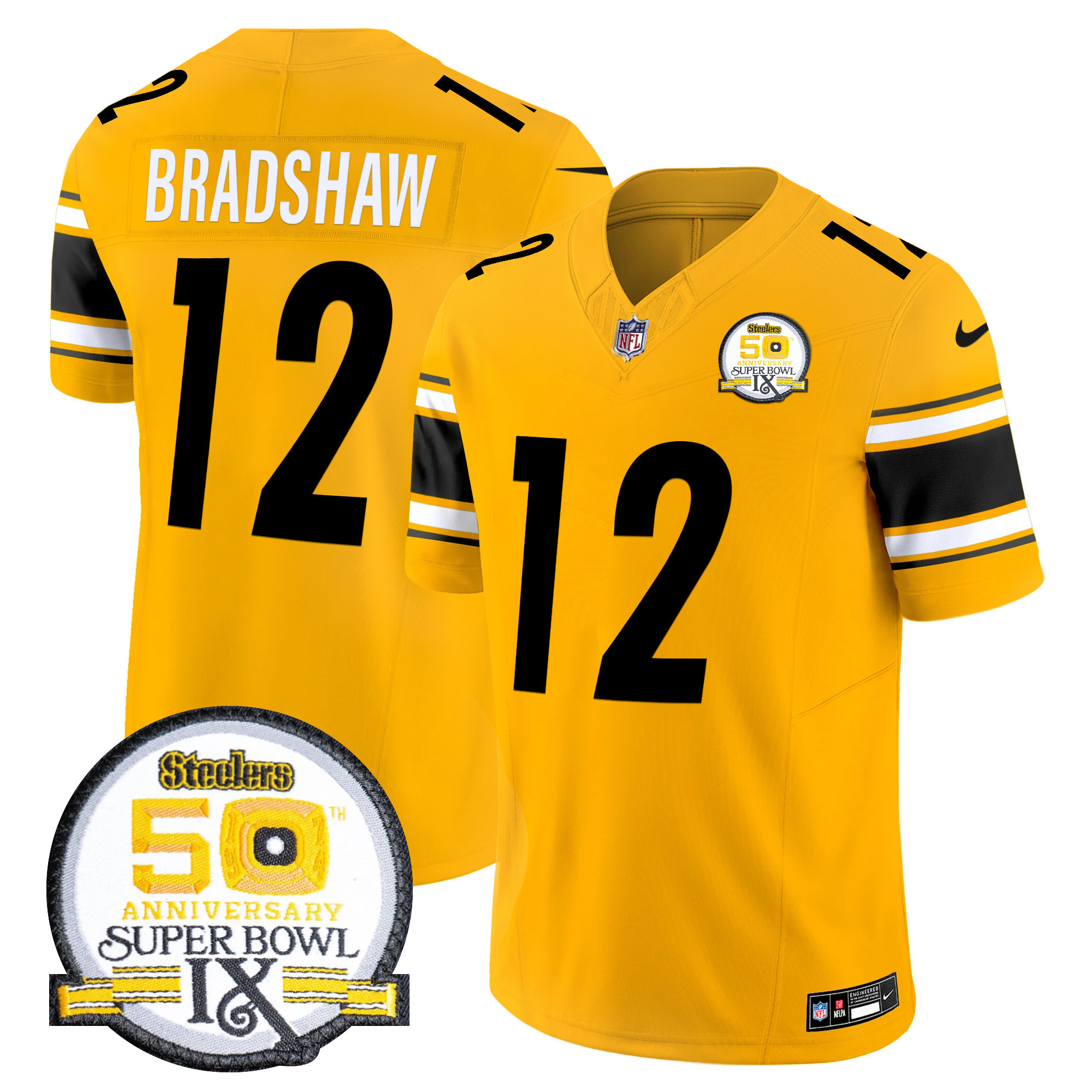 Men's Terry Bradshaw Pittsburgh Steelers 50th Anniversary Of Super Bowl IX Patch Vapor Limited Gold Jersey - All Stitched