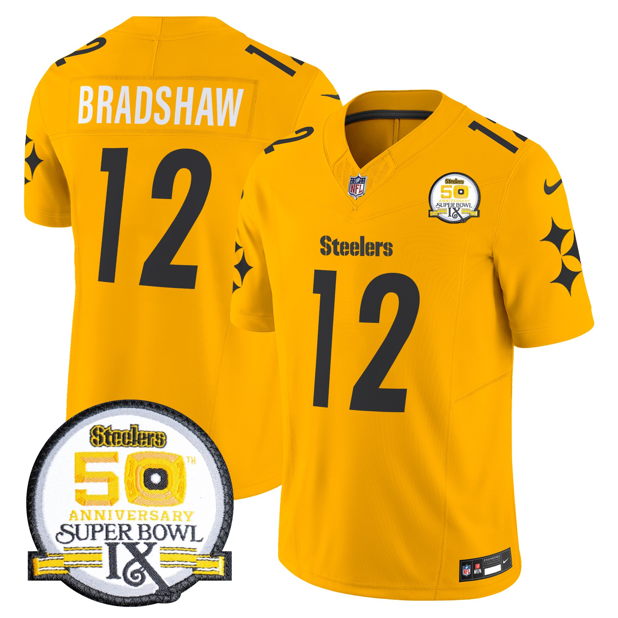 Men's Terry Bradshaw Pittsburgh Steelers 50th Anniversary Of Super Bowl IX Patch Vapor Limited Gold Jersey - All Stitched