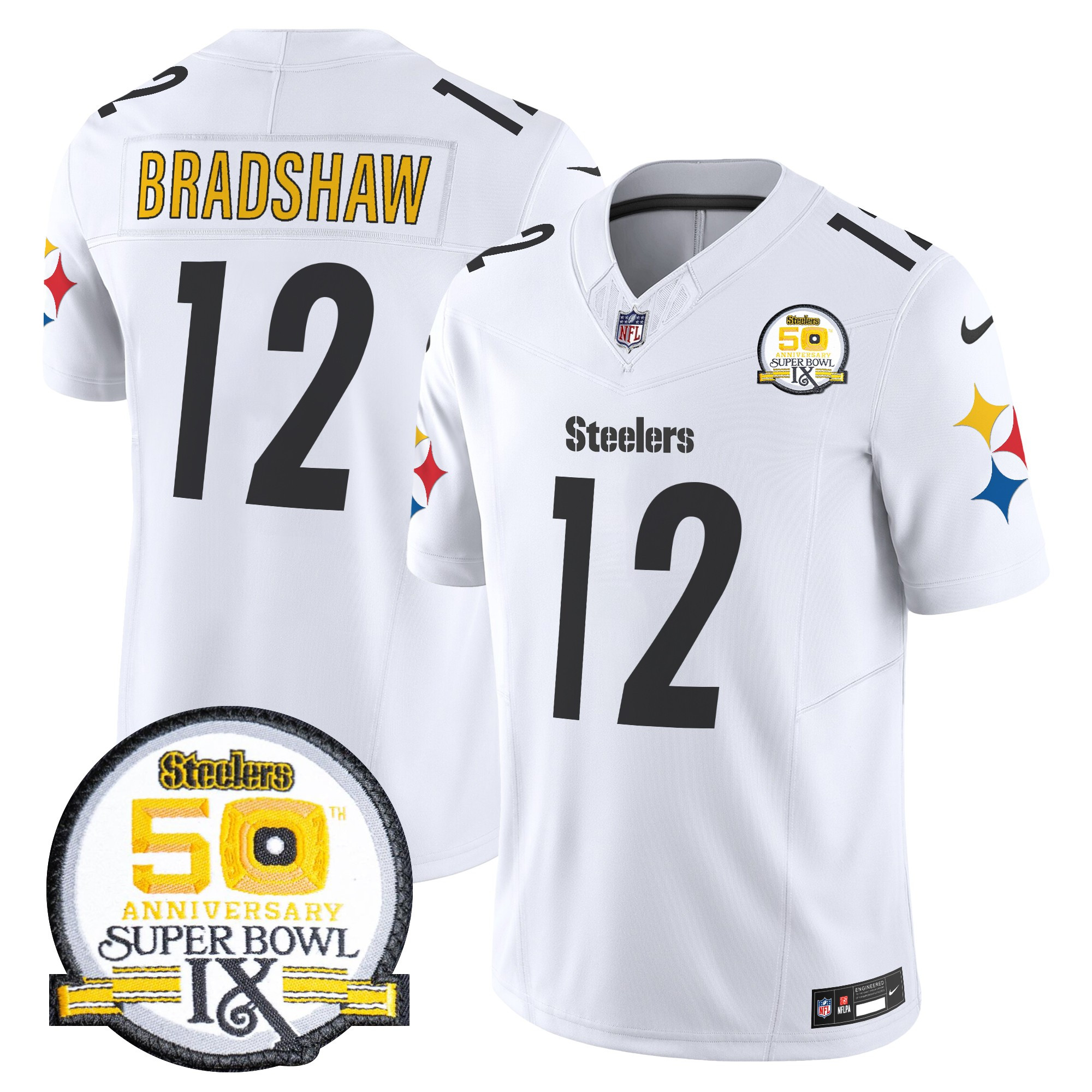 Men's Terry Bradshaw Pittsburgh Steelers 50th Anniversary Of Super Bowl IX Patch Vapor Limited White Jersey - All Stitched