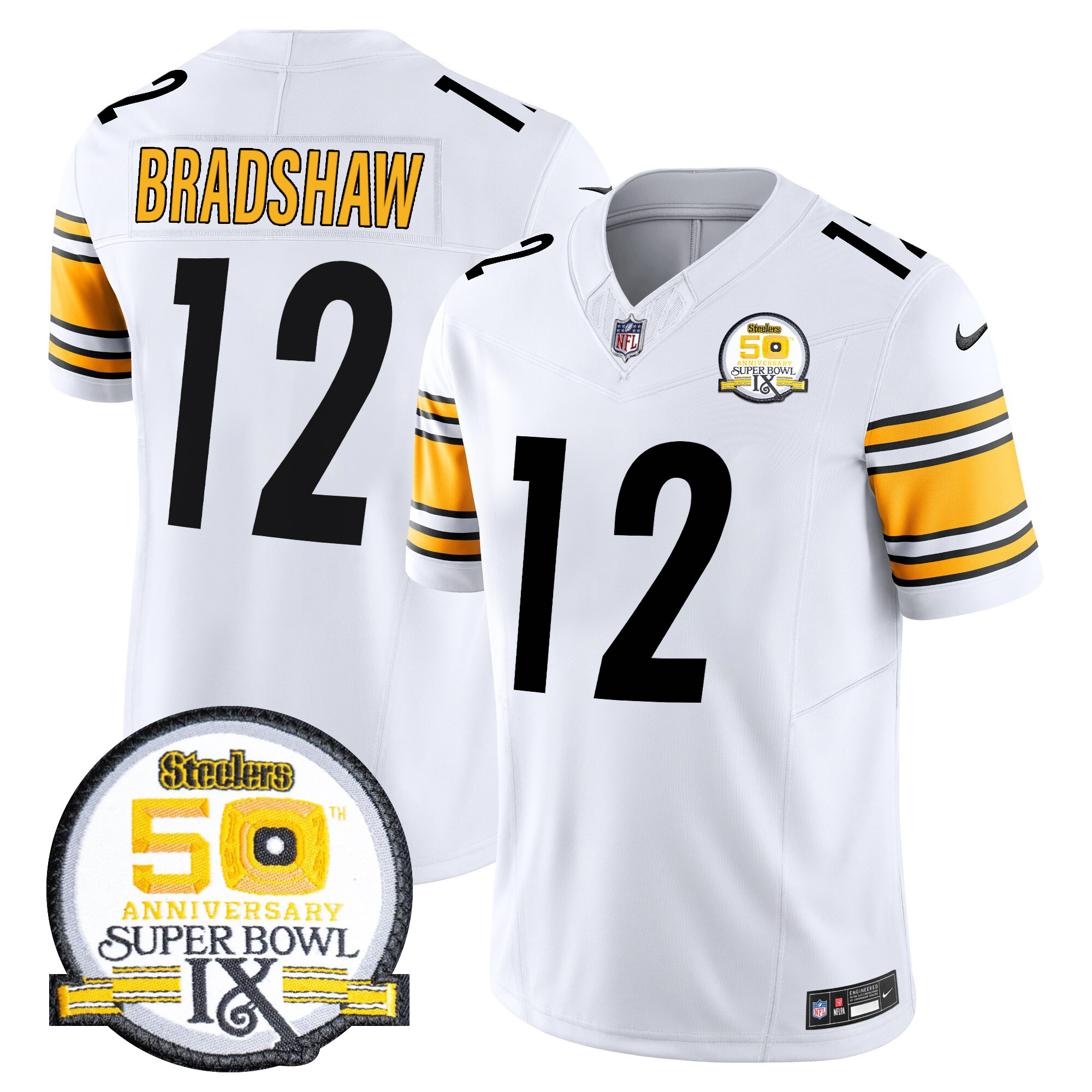 Men's Terry Bradshaw Pittsburgh Steelers 50th Anniversary Of Super Bowl IX Patch Vapor Limited White Jersey - All Stitched