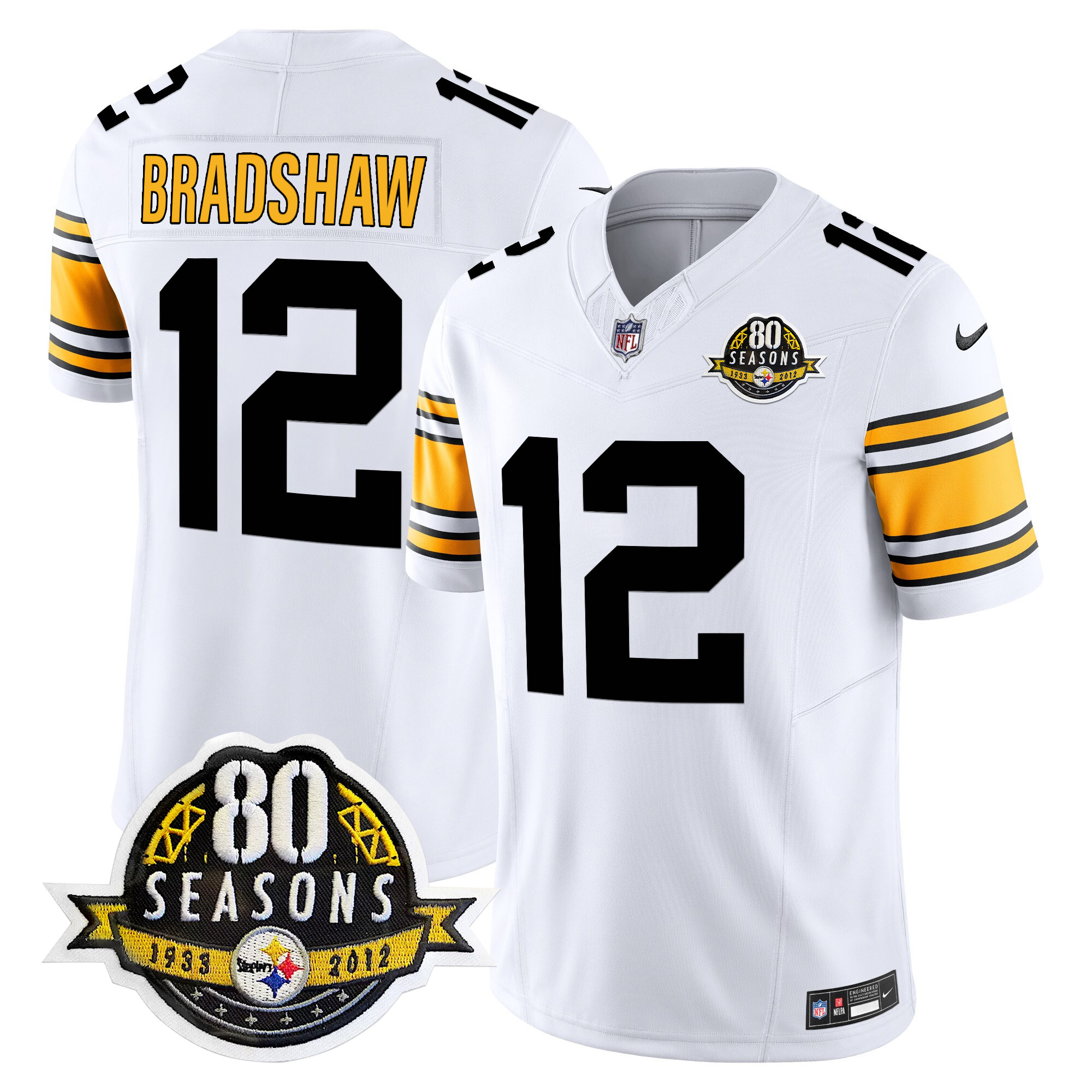 Men's Terry Bradshaw Pittsburgh Steelers 80th Anniversary Patch Vapor Limited 1975 White Jersey - All Stitched