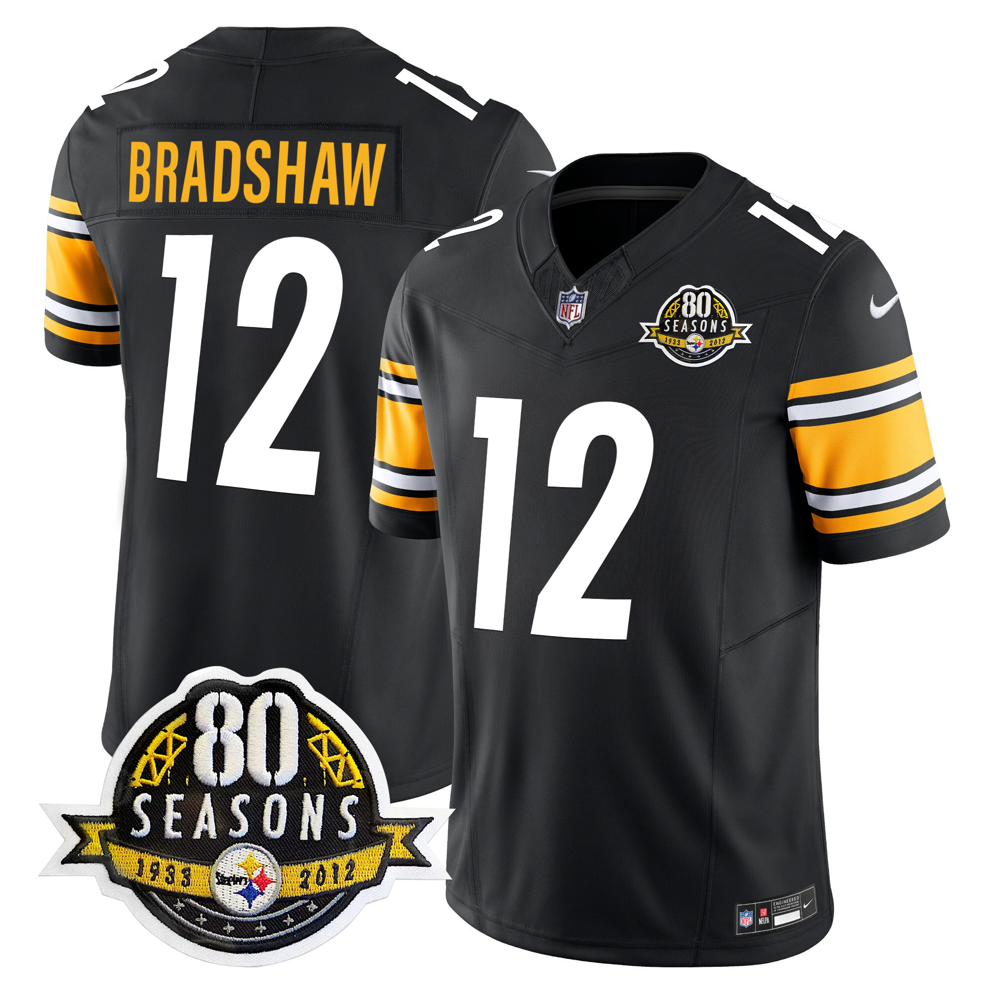 Men's Terry Bradshaw Pittsburgh Steelers 80th Anniversary Patch Vapor Limited Black Jersey - All Stitched