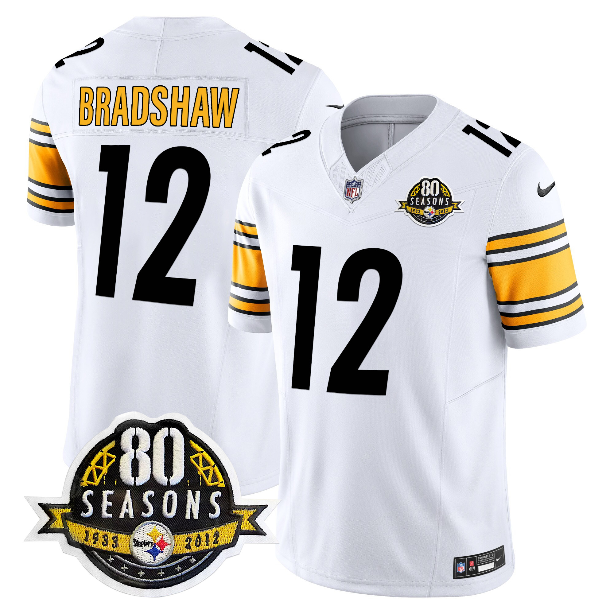 Men's Terry Bradshaw Pittsburgh Steelers 80th Anniversary Patch Vapor Limited White Jersey - All Stitched
