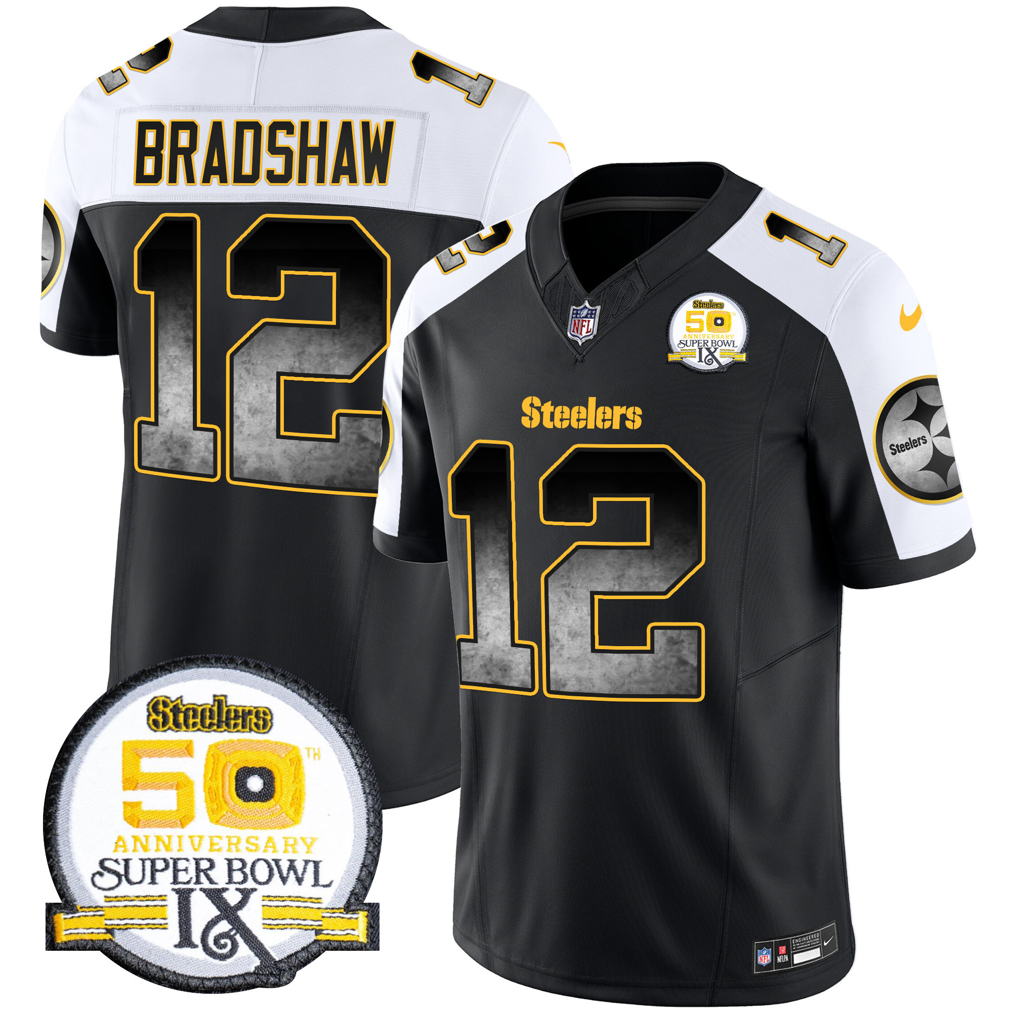 Men's Terry Bradshaw Pittsburgh Steelers Arch Smoke 50th Anniversary Of Super Bowl IX Patch Vapor Limited Alternate Jersey - All Stitched