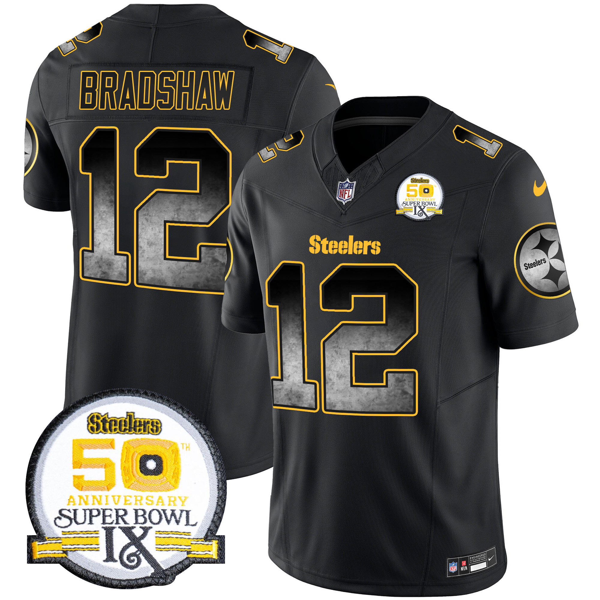 Men's Terry Bradshaw Pittsburgh Steelers Arch Smoke 50th Anniversary Of Super Bowl IX Patch Vapor Limited Black Jersey - All Stitched