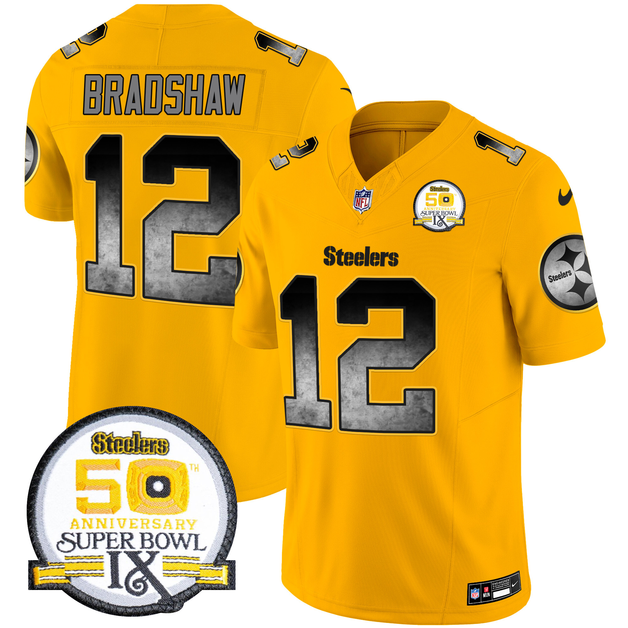 Men's Terry Bradshaw Pittsburgh Steelers Arch Smoke 50th Anniversary Of Super Bowl IX Patch Vapor Limited Gold Jersey - All Stitched