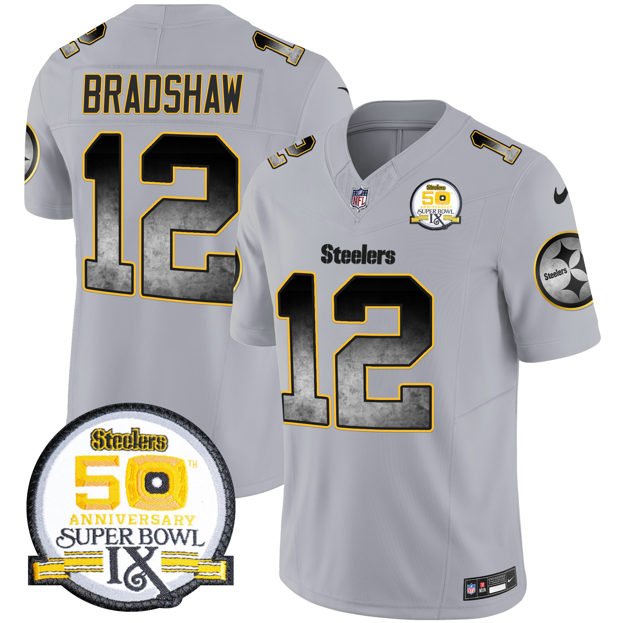 Men's Terry Bradshaw Pittsburgh Steelers Arch Smoke 50th Anniversary Of Super Bowl IX Patch Vapor Limited Gray Jersey - All Stitched