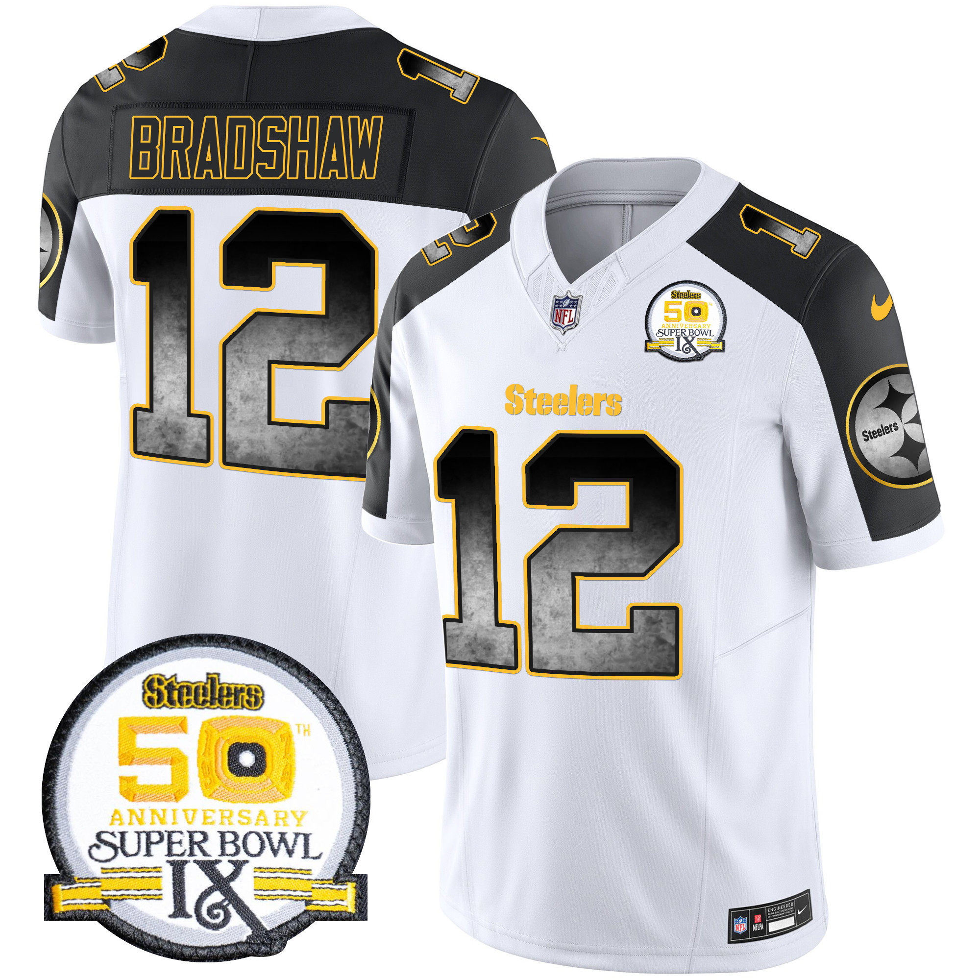 Men's Terry Bradshaw Pittsburgh Steelers Arch Smoke 50th Anniversary Of Super Bowl IX Patch Vapor Limited Inverted Jersey - All Stitched