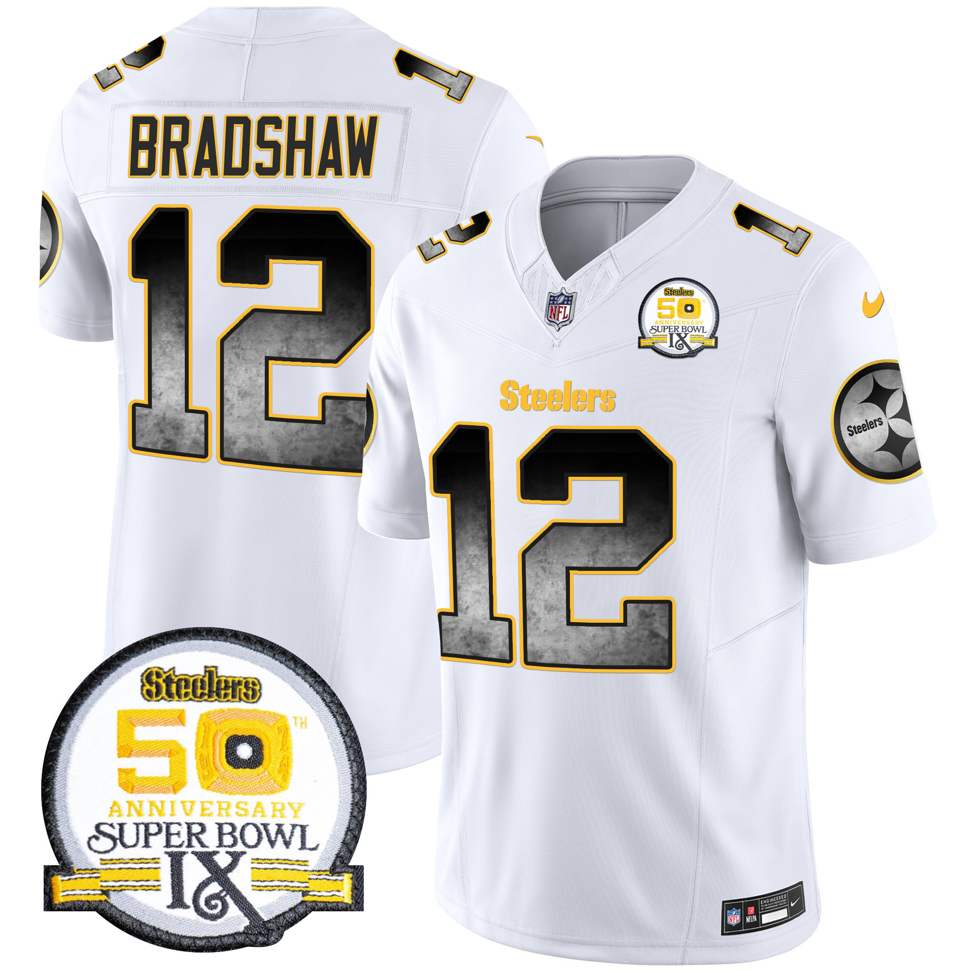 Men's Terry Bradshaw Pittsburgh Steelers Arch Smoke 50th Anniversary Of Super Bowl IX Patch Vapor Limited White Jersey - All Stitched