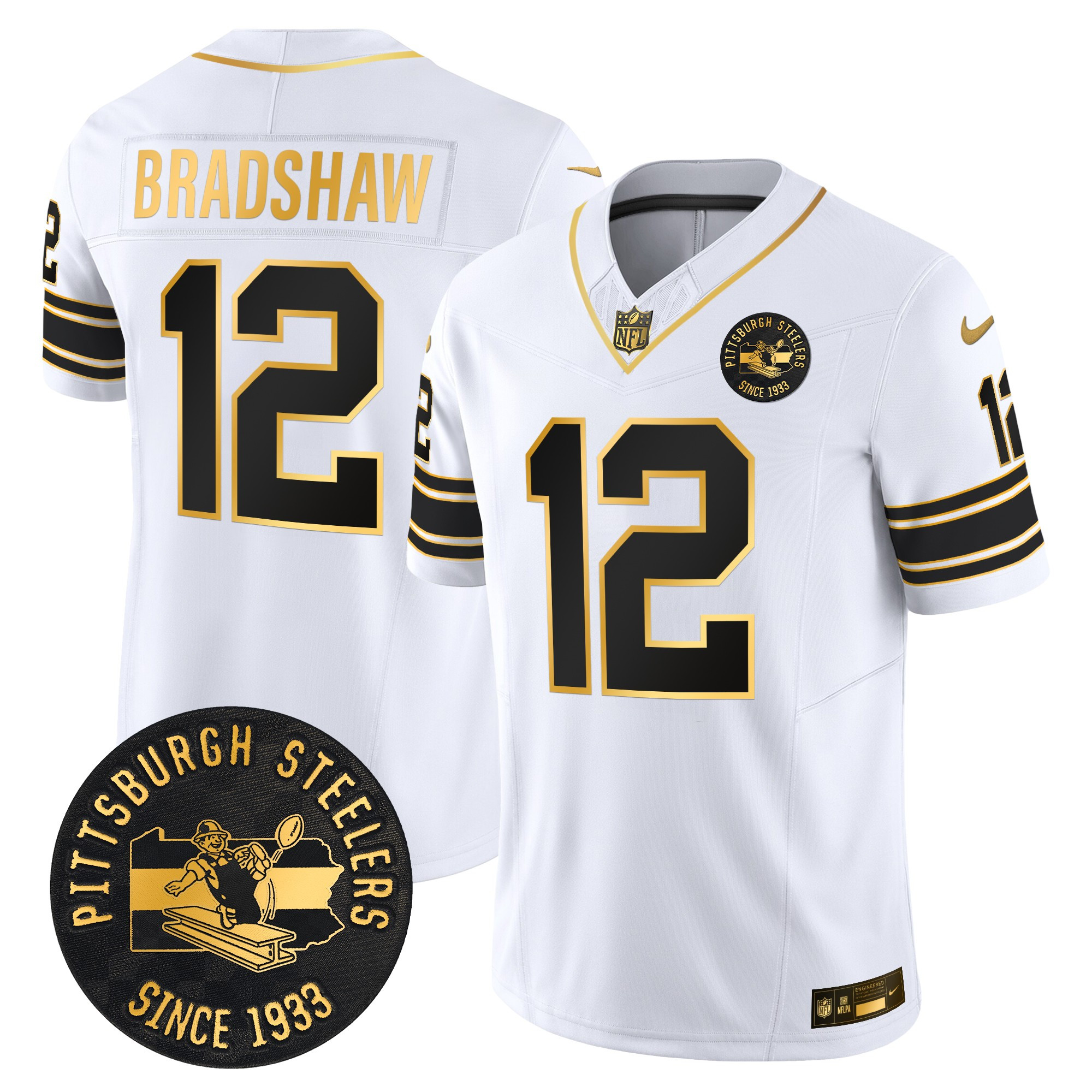 Men's Terry Bradshaw Pittsburgh Steelers Throwback 1933 Patch Gold Vapor Limited White Gold Jersey - All Stitched