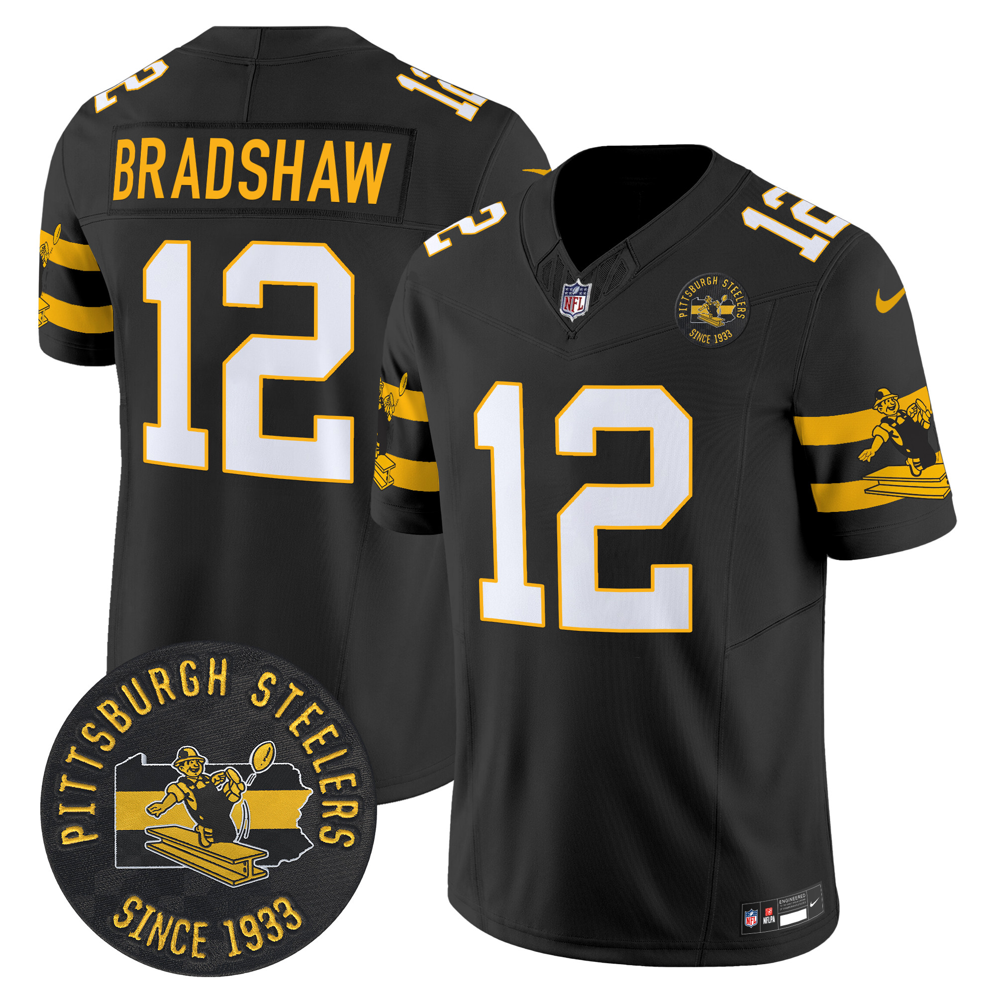 Men's Terry Bradshaw Pittsburgh Steelers Throwback 1933 Patch Vapor Limited Black Jersey - All Stitched
