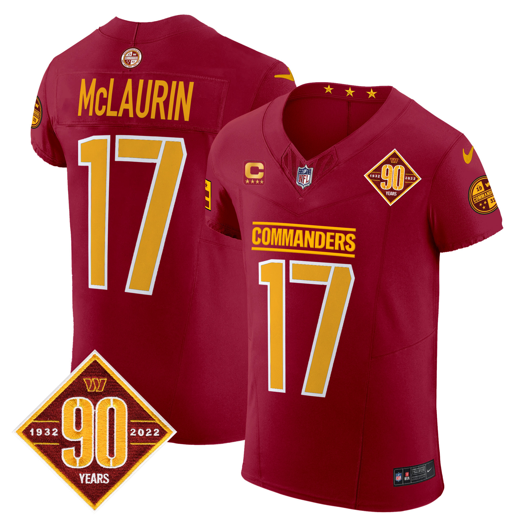 Men's Terry McLaurin Washington Commanders 90th Anniversary Patch Vapor Elite Burgundy Jersey - All Stitched