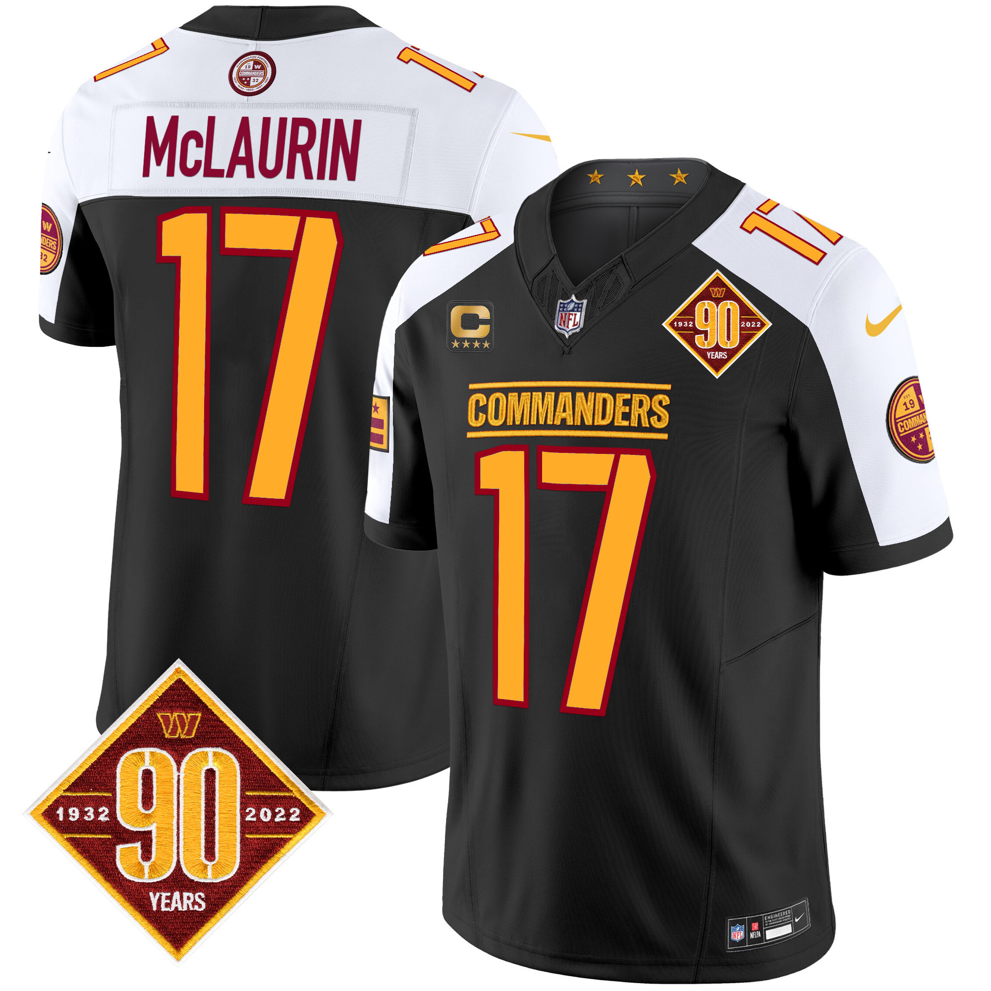 Men's Terry McLaurin Washington Commanders 90th Anniversary Patch Vapor Limited Black Alternate Jersey - All Stitched
