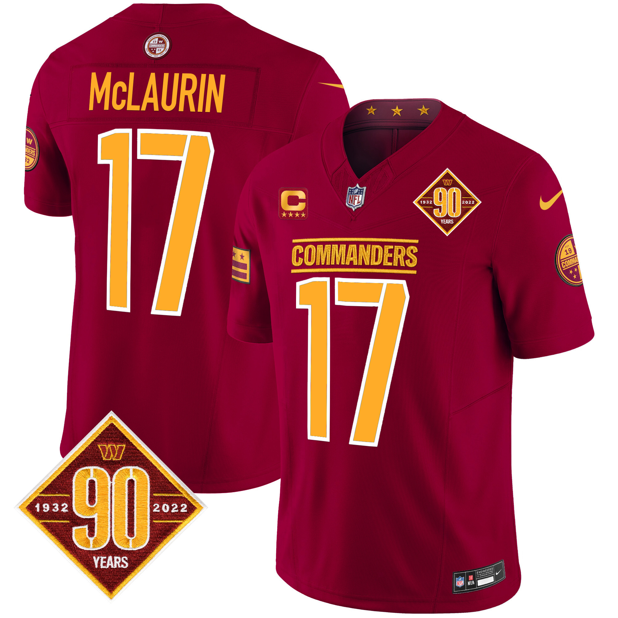 Men's Terry McLaurin Washington Commanders 90th Anniversary Patch Vapor Limited Burgundy Jersey - All Stitched