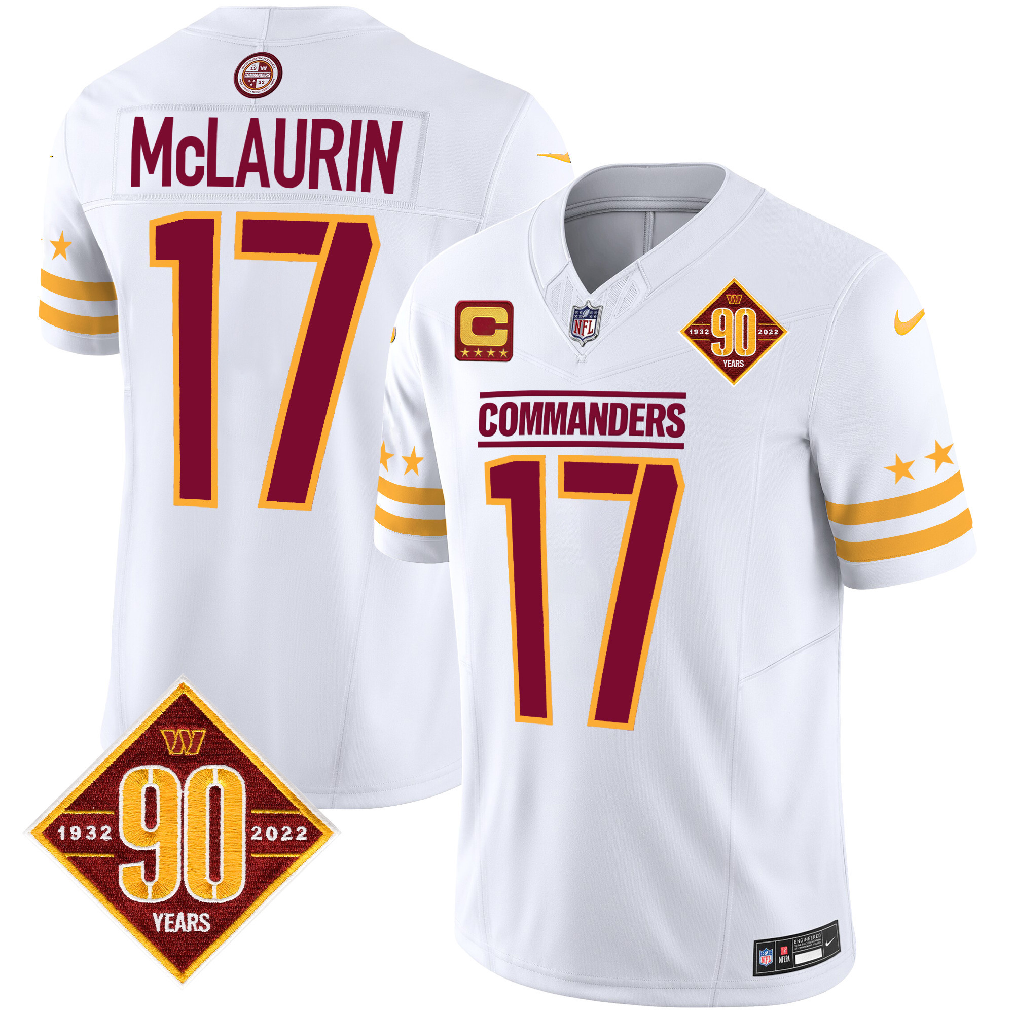 Men's Terry McLaurin Washington Commanders 90th Anniversary Patch Vapor Limited White Jersey - All Stitched