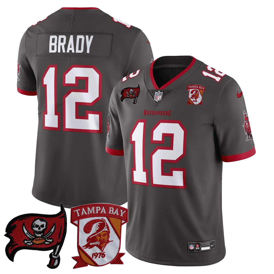 Men's Tom Brady Tampa Bay Buccaneers Logo Patch Pewter Jersey - All Stitched