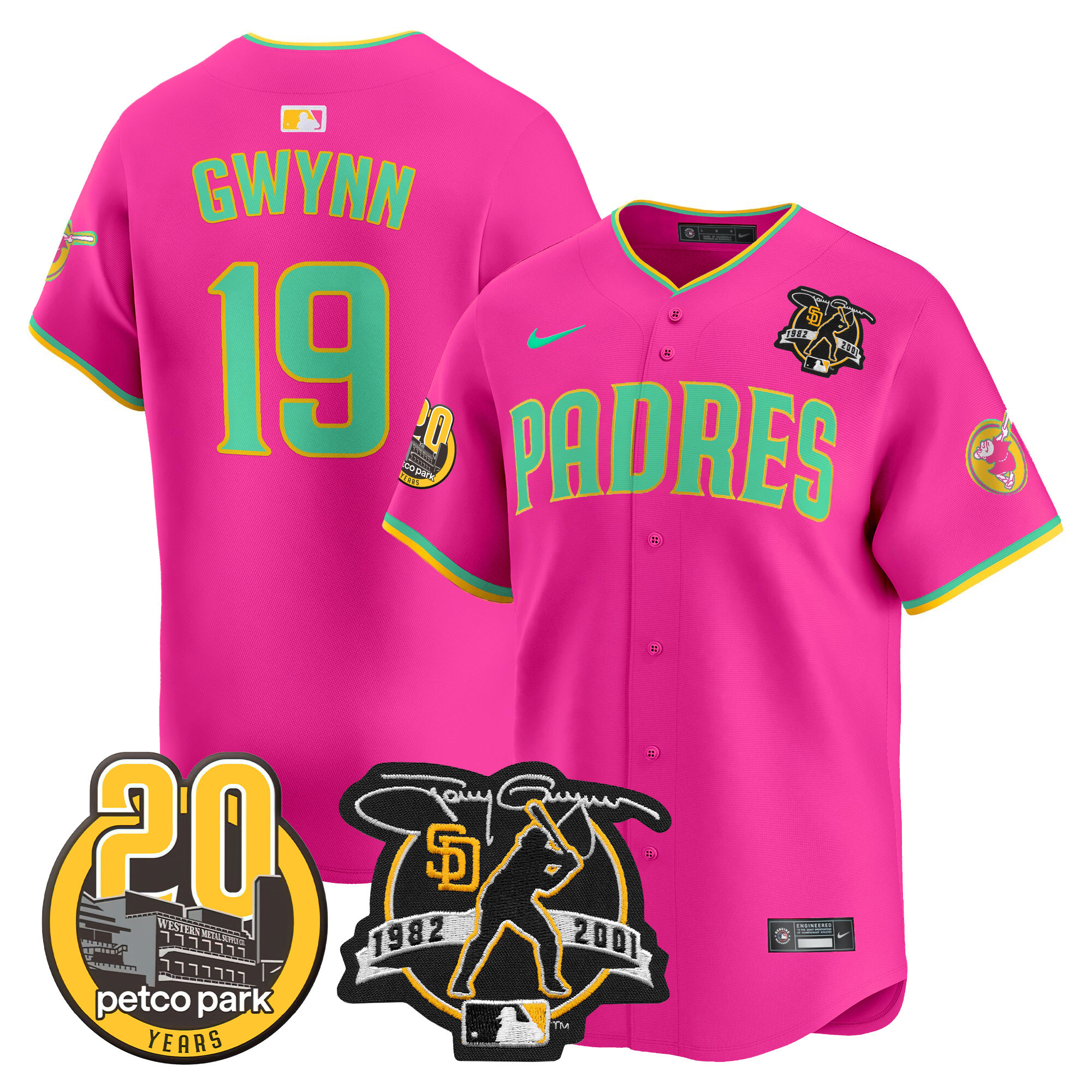 Men's Tony Gwynn San Diego Padres Tony Gwynn & Petco Park 20th Patch Vapor Premier Limited Pink Jersey V2 ñ All Stitched