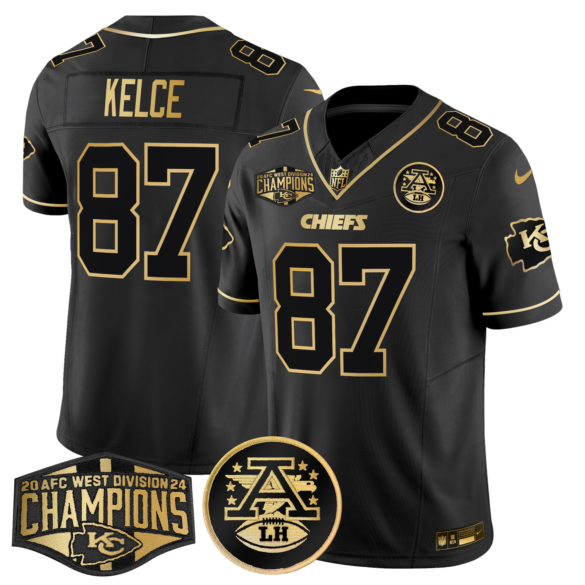Men's Travis Kelce Kansas City Chiefs 2024 AFC West Division Champions Patch Gold Vapor Limited Black Gold Jersey - All Stitched