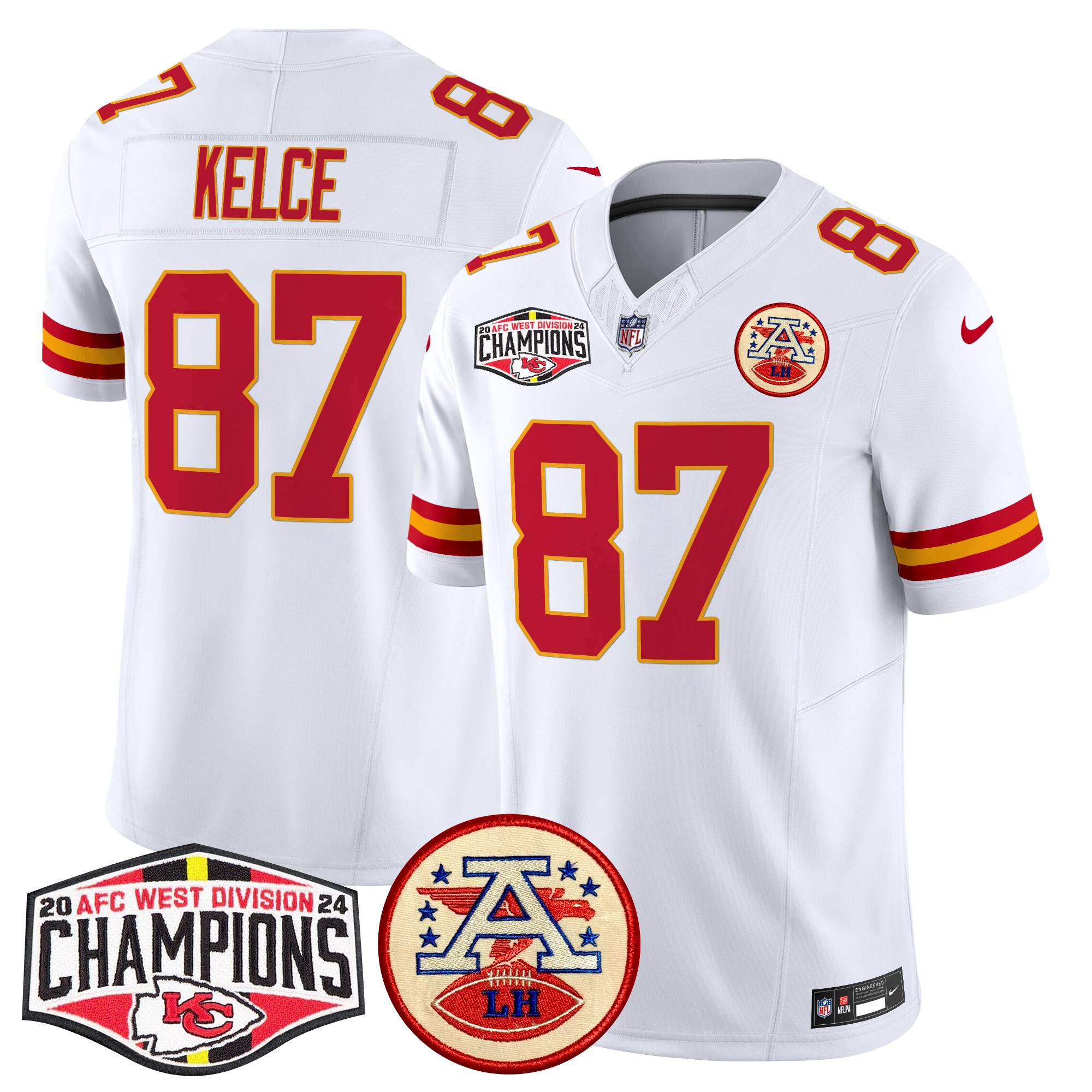 Men's Travis Kelce Kansas City Chiefs 2024 AFC West Division Champions Patch Vapor Limited White Jersey - All Stitched