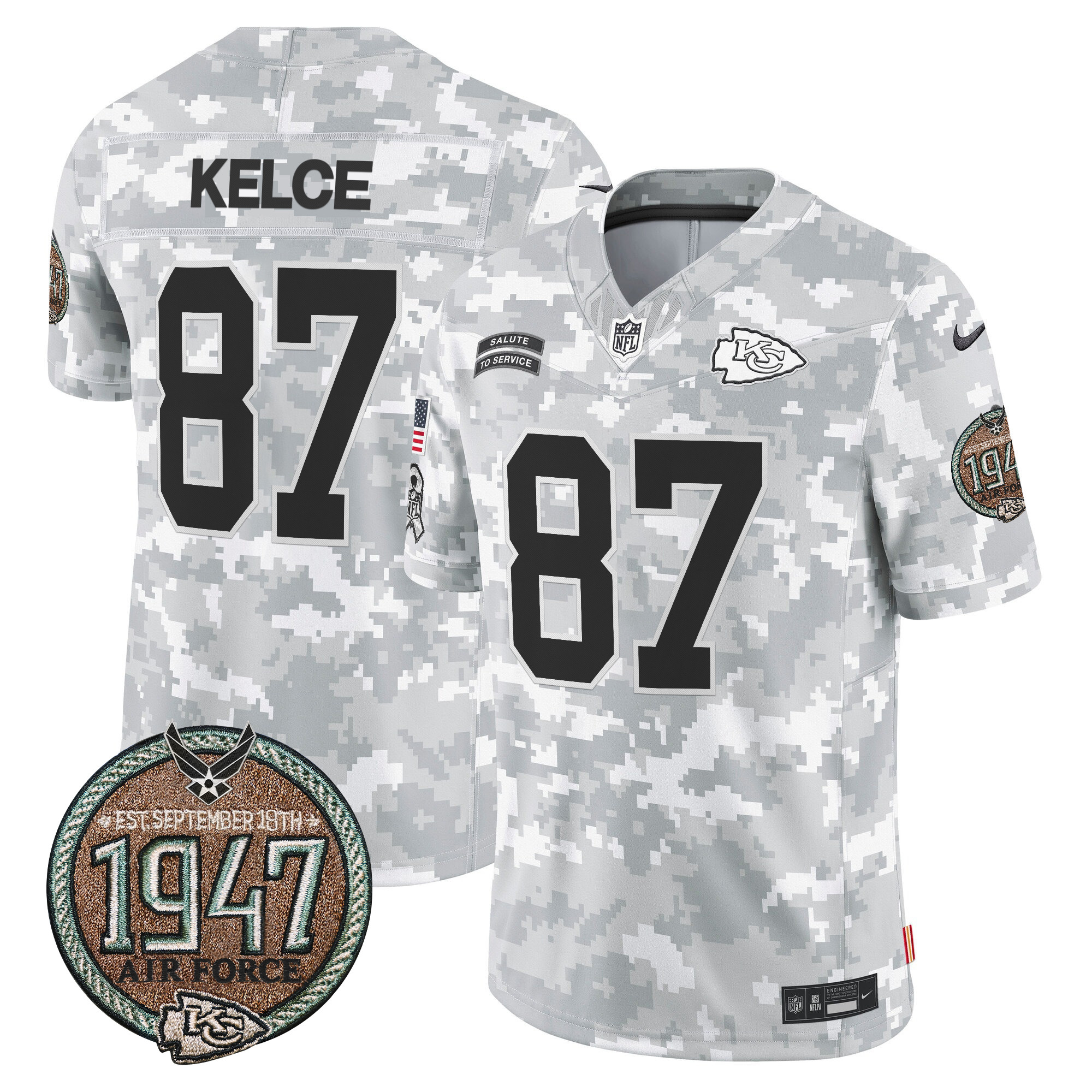 Men's Travis Kelce Kansas City Chiefs 2024 Salute to Service Establishment Year Patch Vapor Limited Air Force Jersey - All Stitched