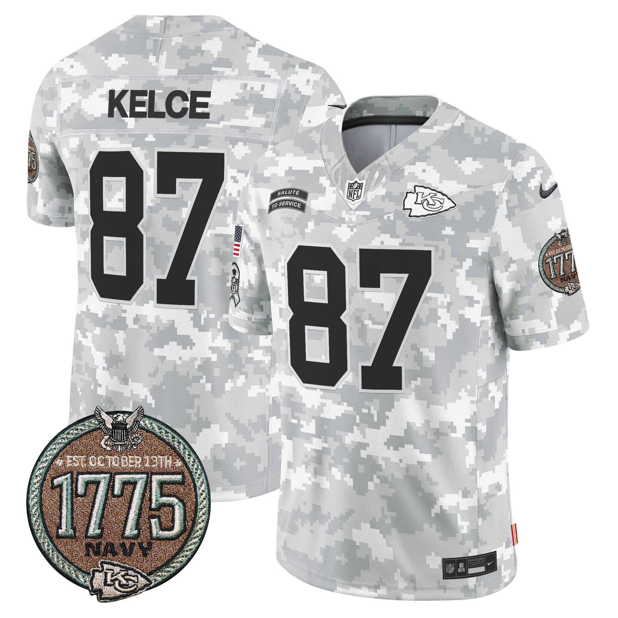 Men's Travis Kelce Kansas City Chiefs 2024 Salute to Service Establishment Year Patch Vapor Limited Navy Jersey - All Stitched