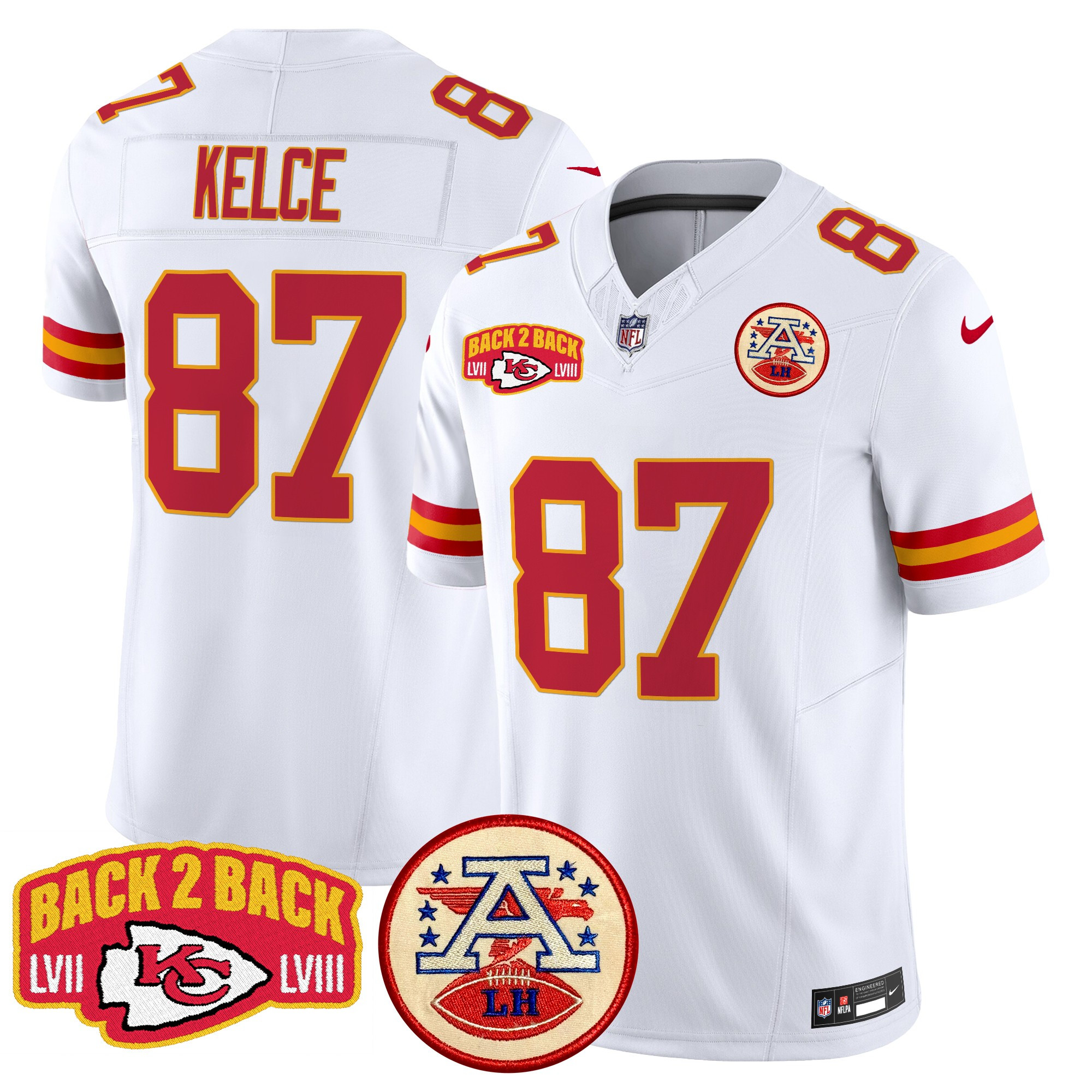 Men's Travis Kelce Kansas City Chiefs Super Back 2 Back Patch Vapor Limited White Jersey - All Stitched