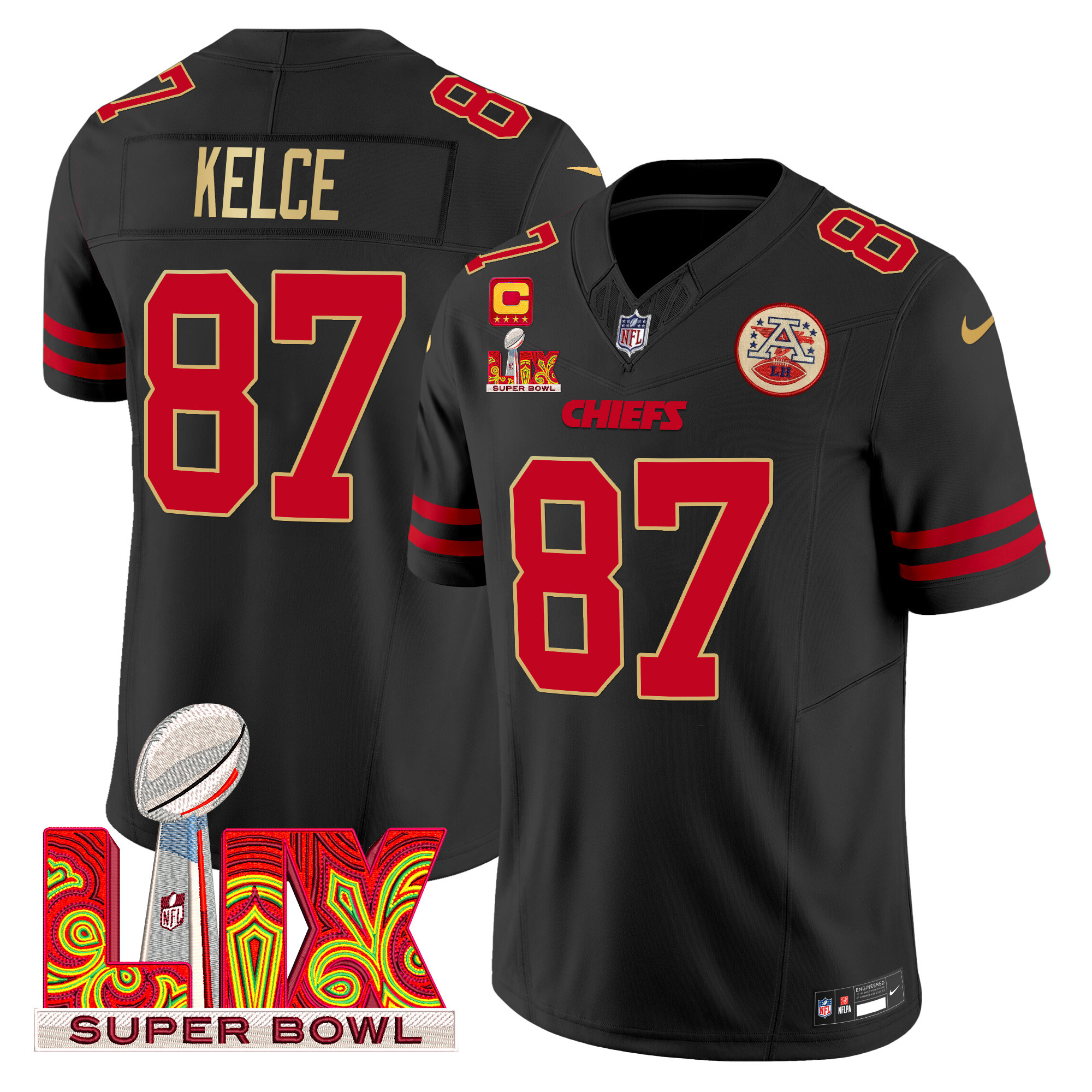 Men's Travis Kelce Kansas City Chiefs Super Bowl LIX Patch Gold Trim Vapor Limited Black Jersey - All Stitched