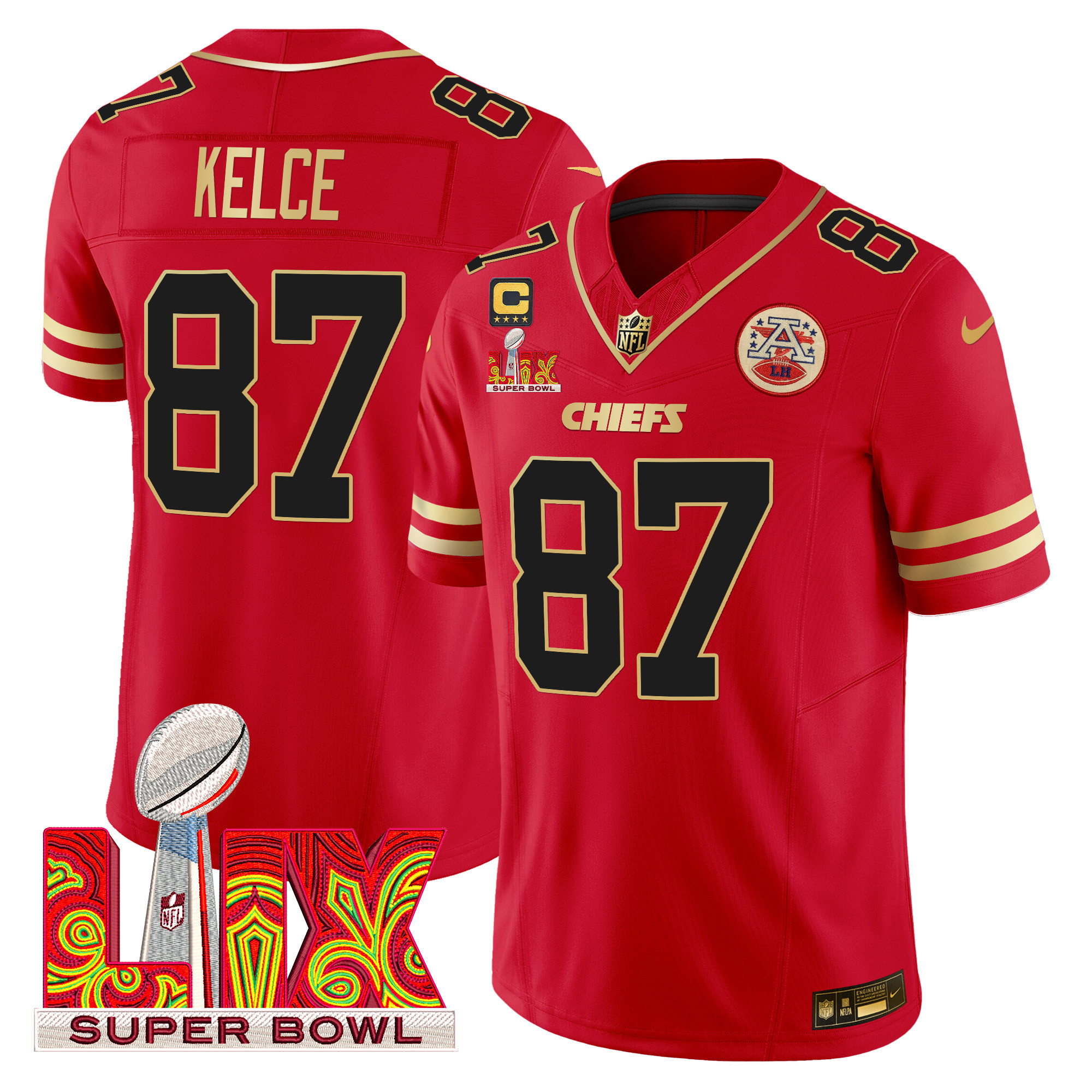 Men's Travis Kelce Kansas City Chiefs Super Bowl LIX Patch Gold Trim Vapor Limited Red Jersey - All Stitched