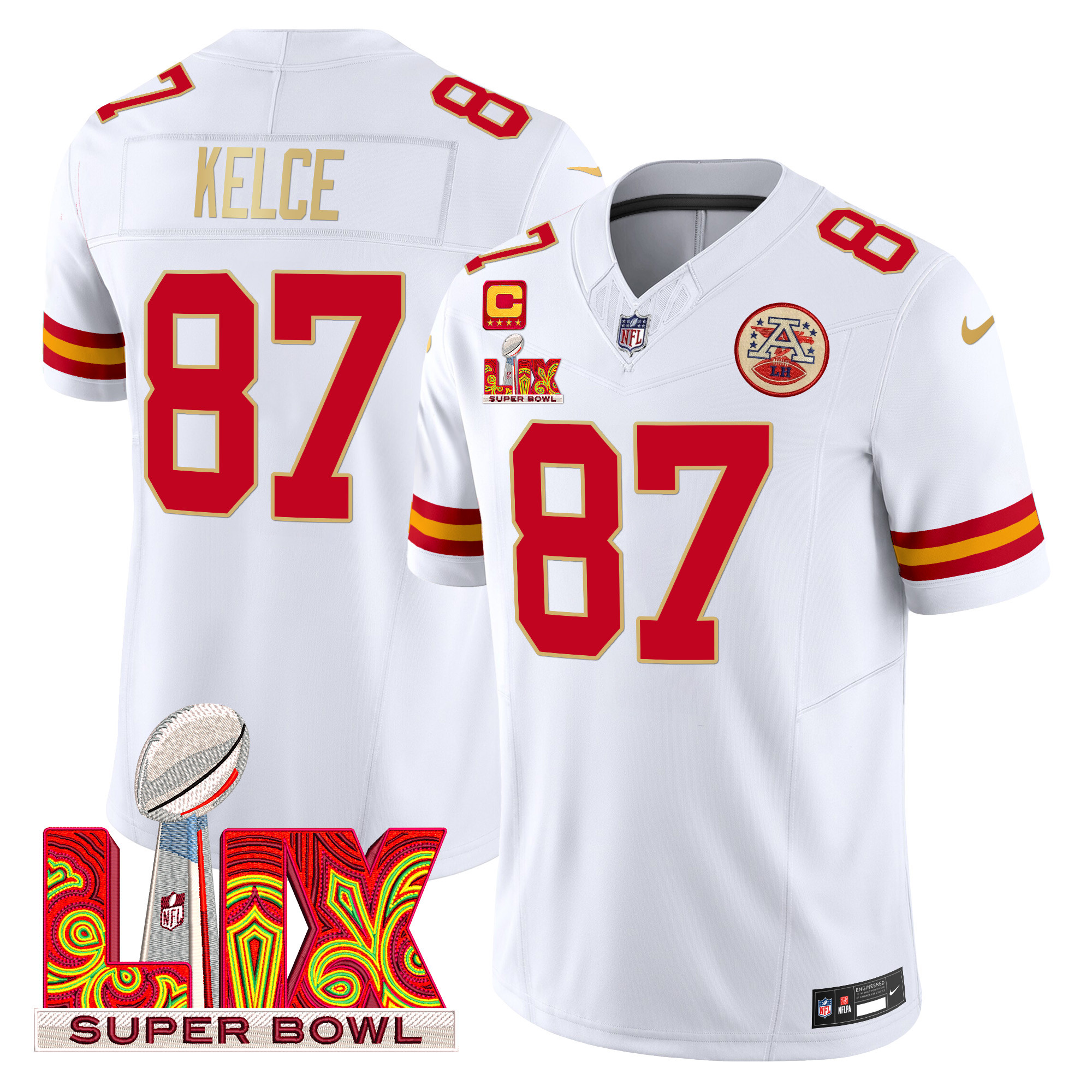 Men's Travis Kelce Kansas City Chiefs Super Bowl LIX Patch Gold Trim Vapor Limited White Jersey - All Stitched