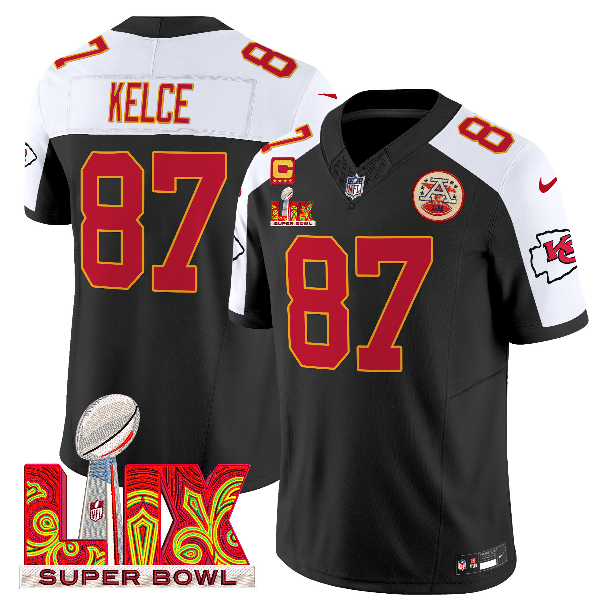 Men's Travis Kelce Kansas City Chiefs Super Bowl LIX Patch Vapor Limited Black Alternate Jersey - All Stitched