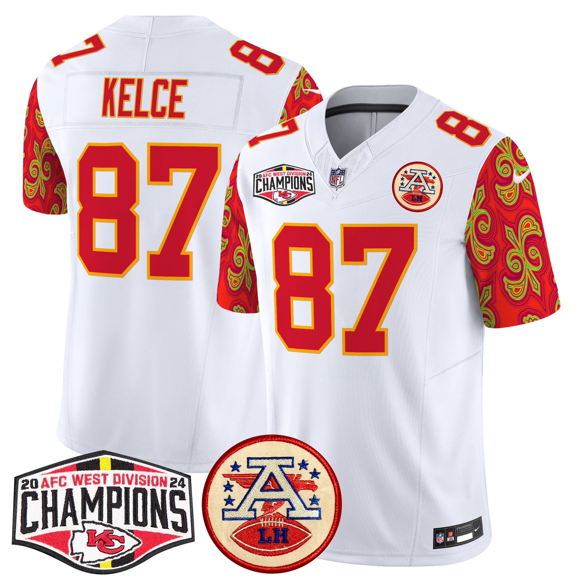 Men's Travis Kelce Kansas City Chiefs Super Bowl LIX Style 2024 AFC West Division Champions Patch Vapor Limited White Jersey - All Stitched