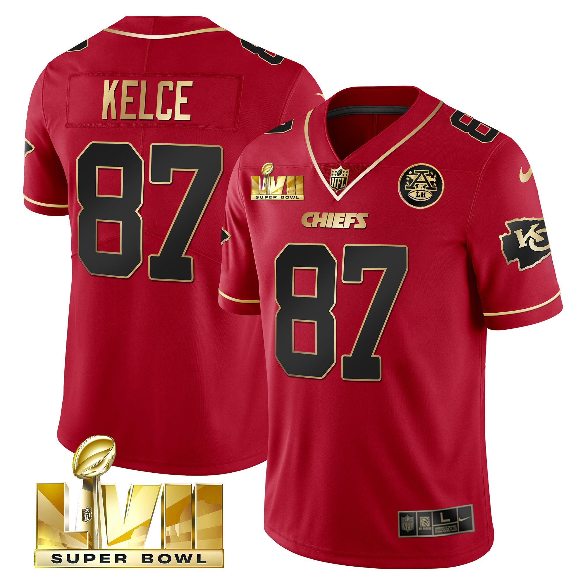 Men's Travis Kelce Kansas City Chiefs Super Bowl LVII Gold Trim Vapor Red Special Jersey - All Stitched
