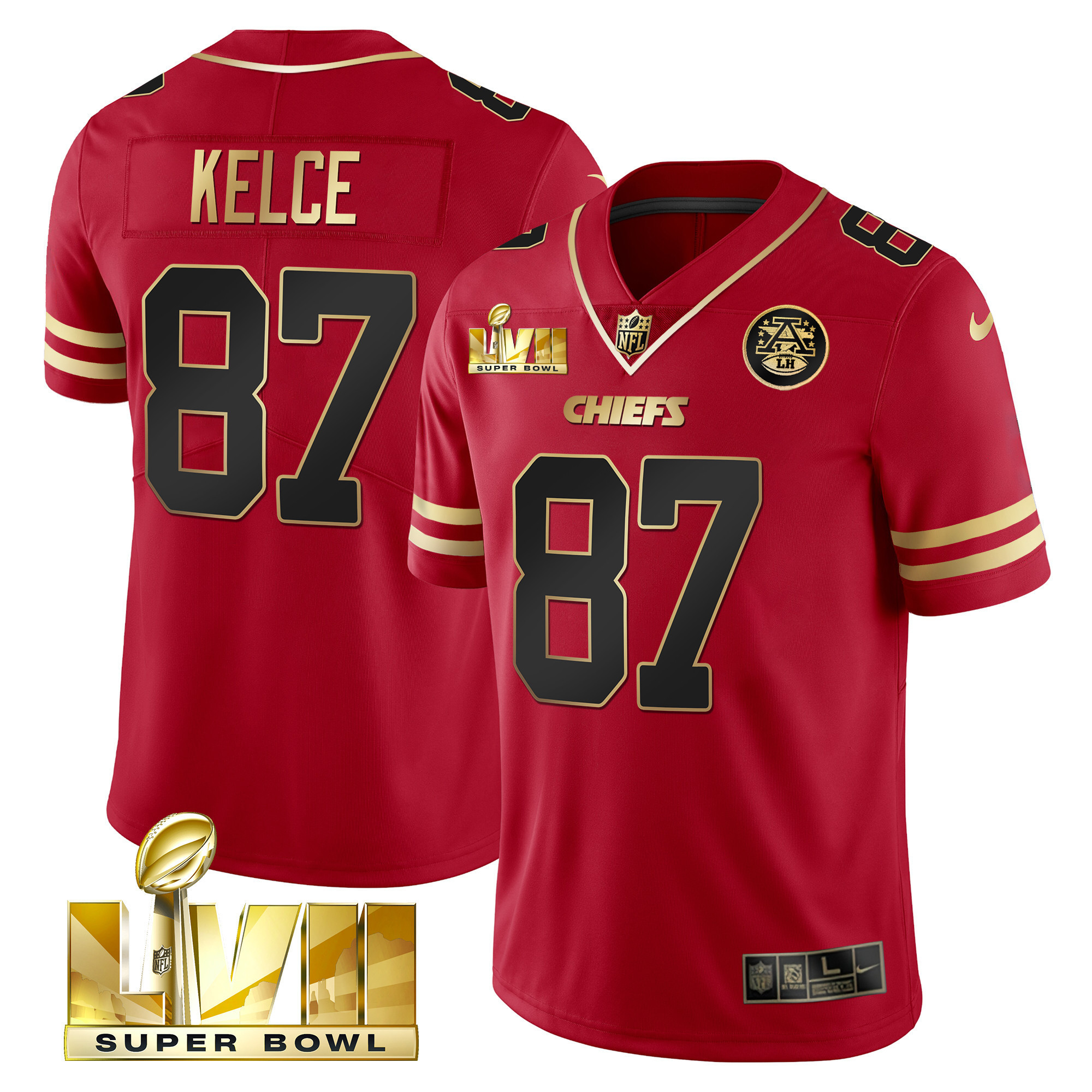 Men's Travis Kelce Kansas City Chiefs Super Bowl LVII Red Gold Vapor Black Red Jersey V2 - All Stitched