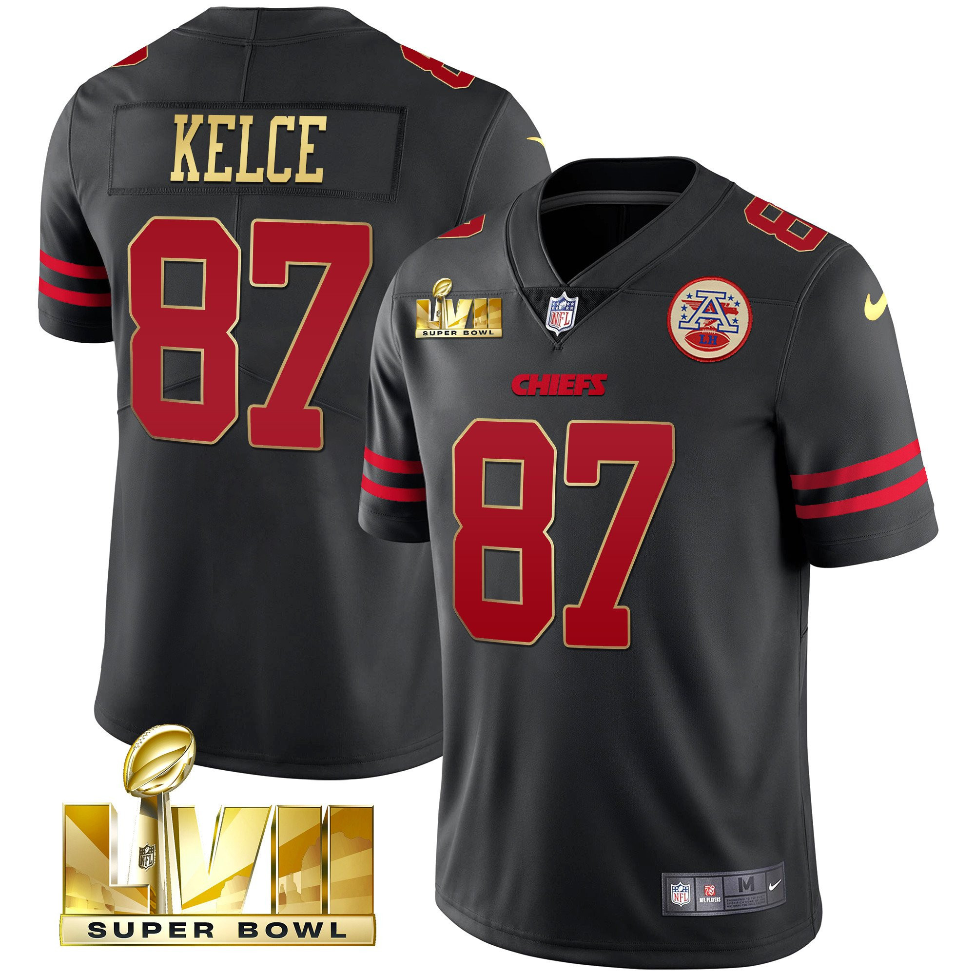 Men's Travis Kelce Kansas City Chiefs Super Bowl LVII Red Gold Vapor Gold Trim Jersey V2 - All Stitched