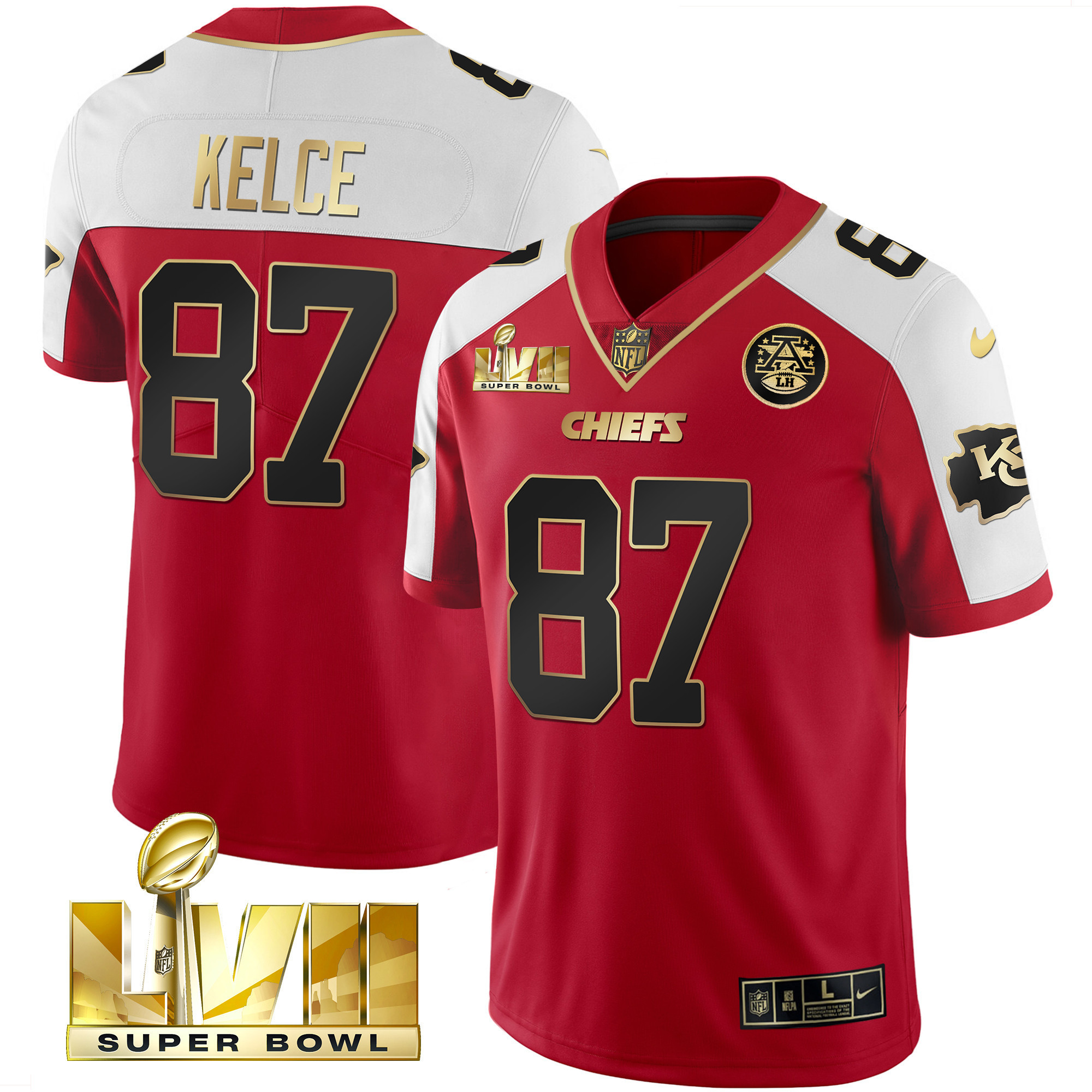 Men's Travis Kelce Kansas City Chiefs Super Bowl LVII Red Gold Vapor Red Alternate Jersey V2 - All Stitched