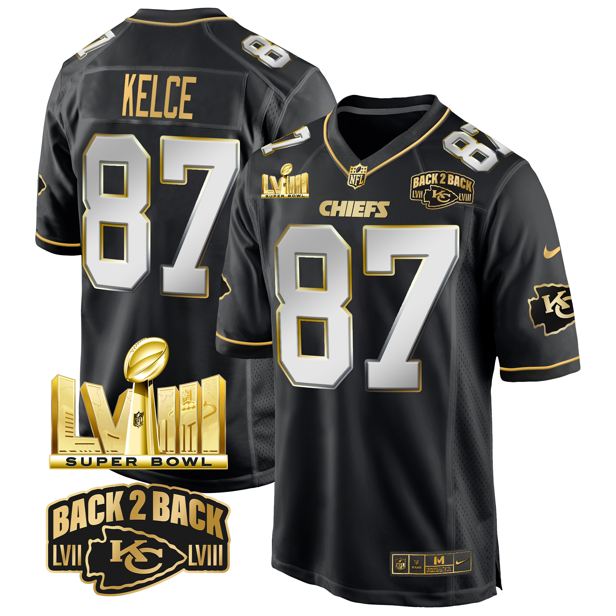 Men's Travis Kelce Kansas City Chiefs Super Bowl LVIII & Back 2 Back Gold Game Black Limited Jersey - All Stitched