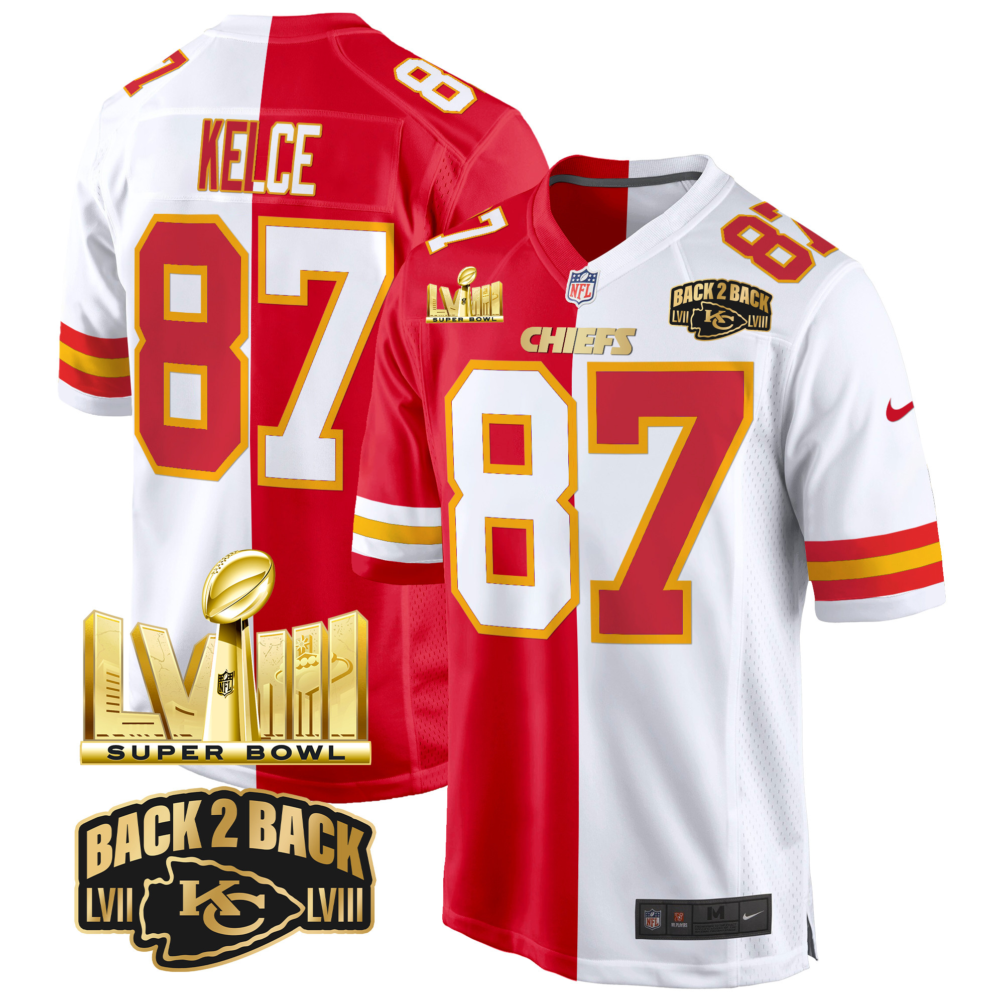 Men's Travis Kelce Kansas City Chiefs Super Bowl LVIII & Back 2 Back Gold Game Split Jersey - All Stitched