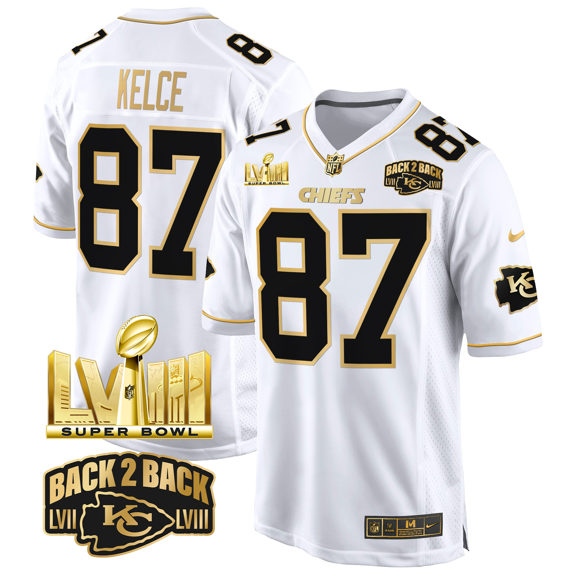 Men's Travis Kelce Kansas City Chiefs Super Bowl LVIII & Back 2 Back Gold Game White Gold Jersey - All Stitched