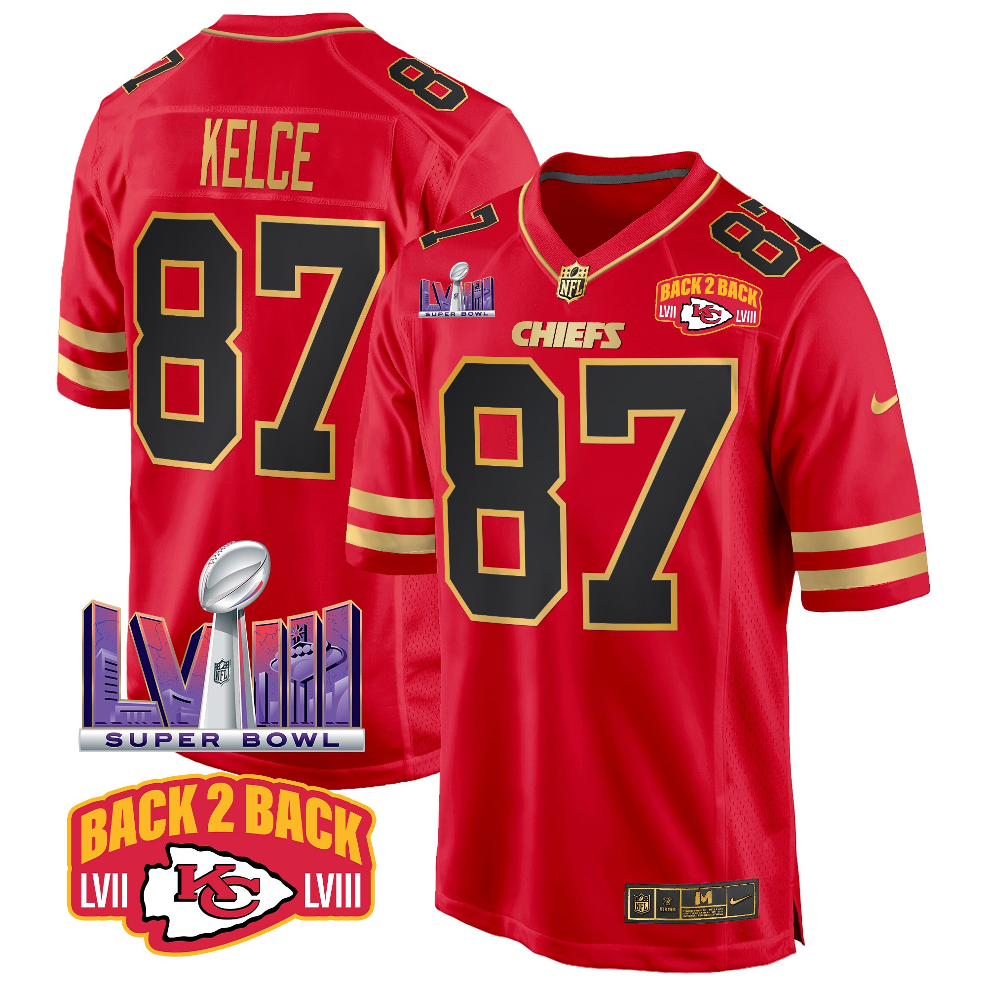 Men's Travis Kelce Kansas City Chiefs Super Bowl LVIII & Back 2 Back Patch Game Black Red Jersey - All Stitched