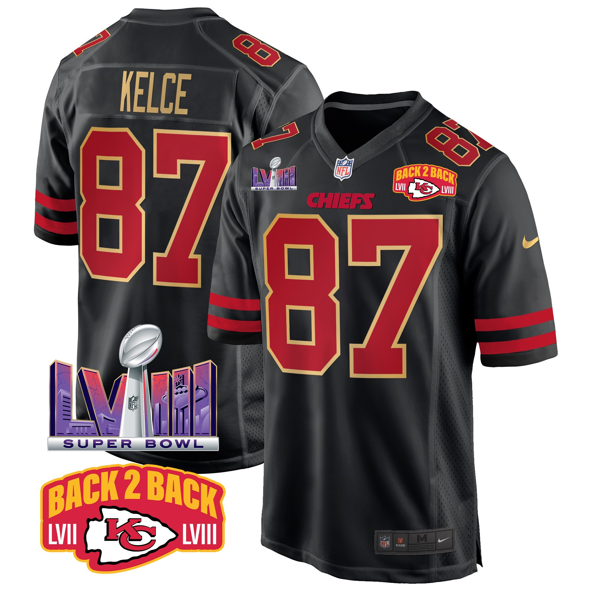 Men's Travis Kelce Kansas City Chiefs Super Bowl LVIII & Back 2 Back Patch Game Gold Trim Jersey - All Stitched