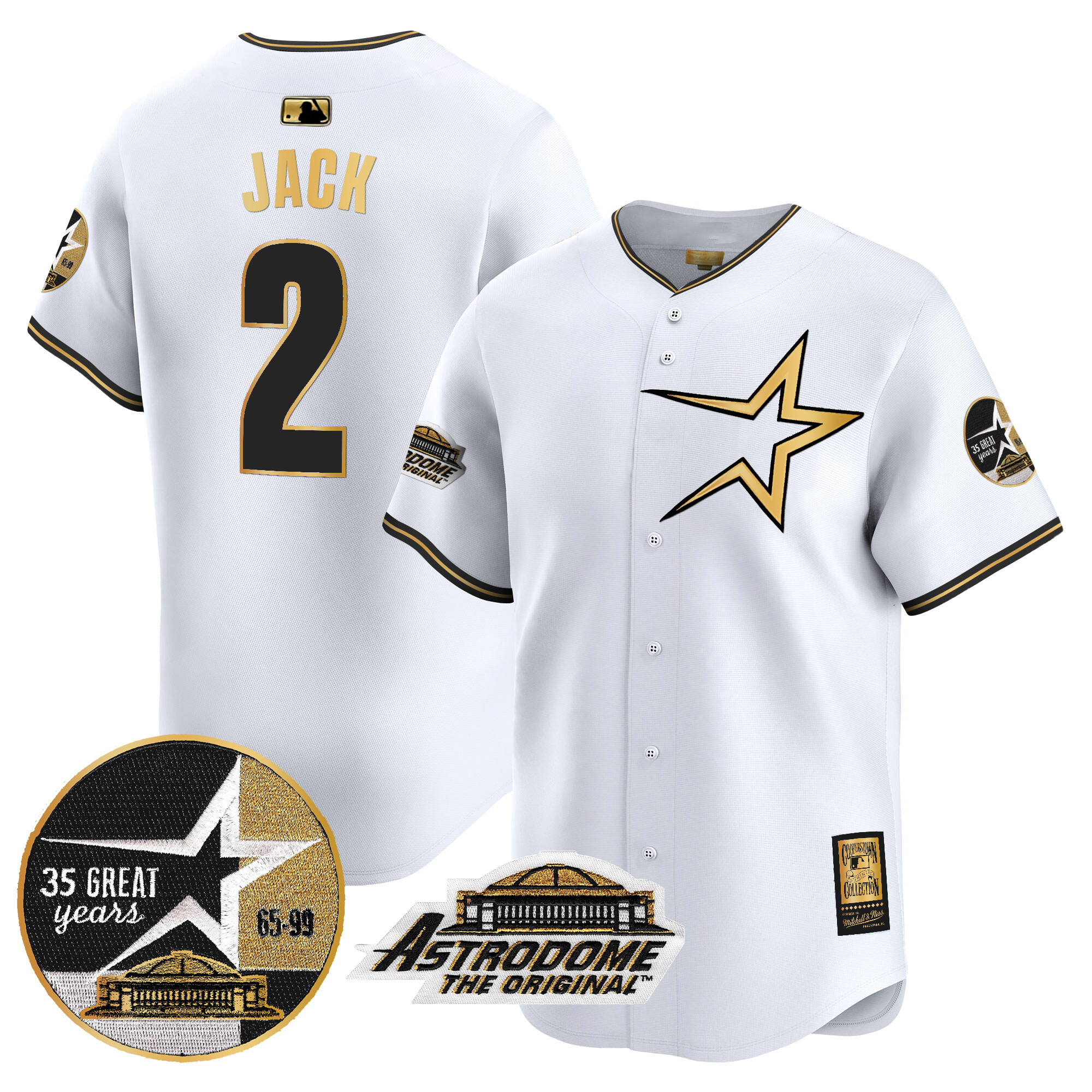 Men's Travis Scott Houston Astros 1999 Throwback 35th & Astrodome Patch Vapor Premier Limited White Gold Jersey - All Stitched