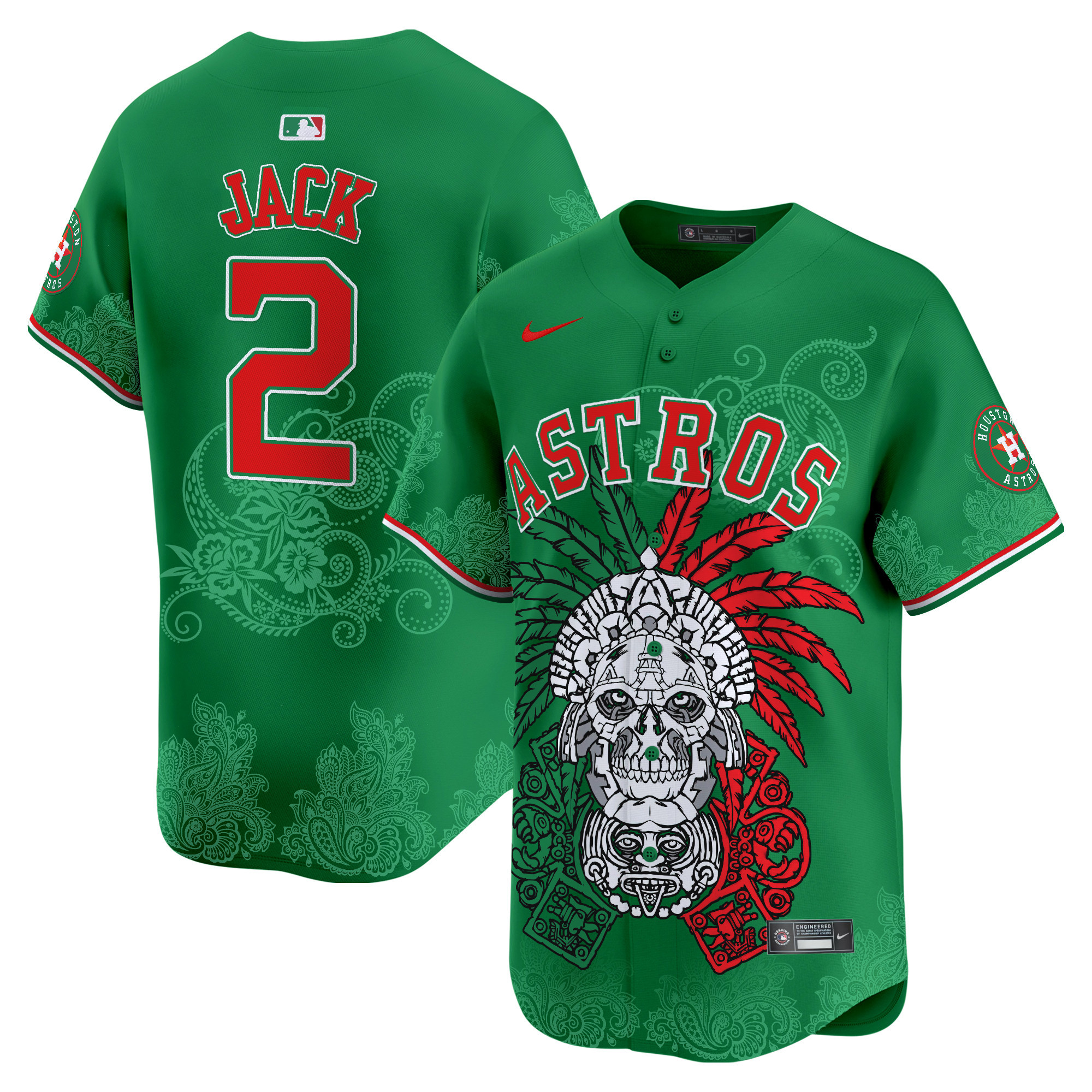 Men's Travis Scott Houston Astros Aztec Warrior Skull Vapor Premier Limited Green Jersey V2 - Printed