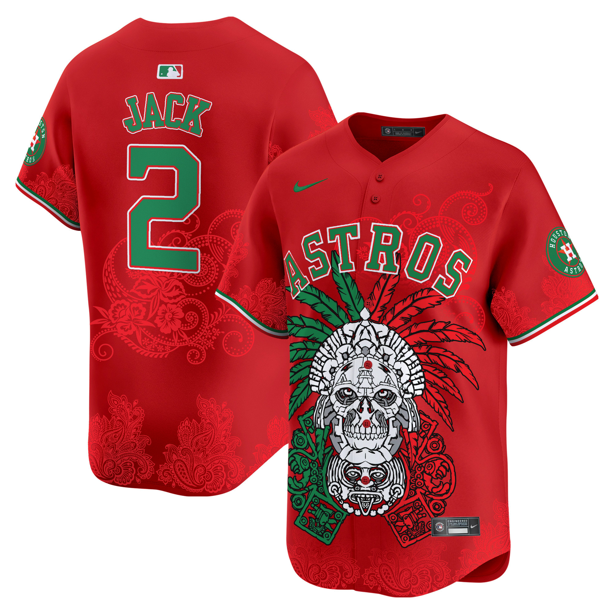 Men's Travis Scott Houston Astros Aztec Warrior Skull Vapor Premier Limited Red Jersey V2 - Printed