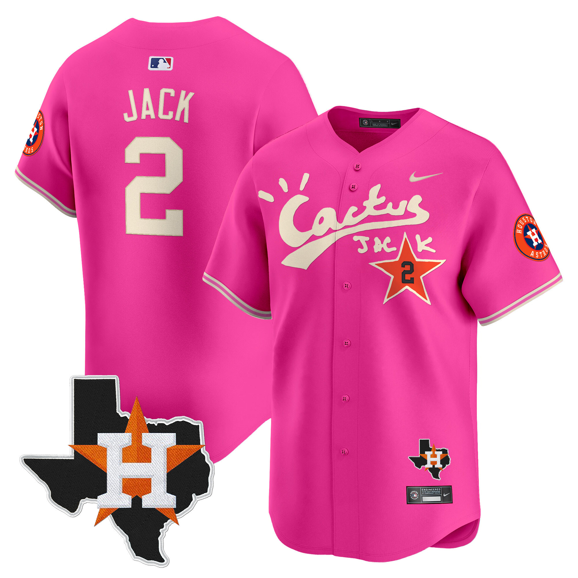 Men's Travis Scott Houston Astros Cactus Jack Patch Vapor Premier Limited Pink Jersey V11 - Stitched