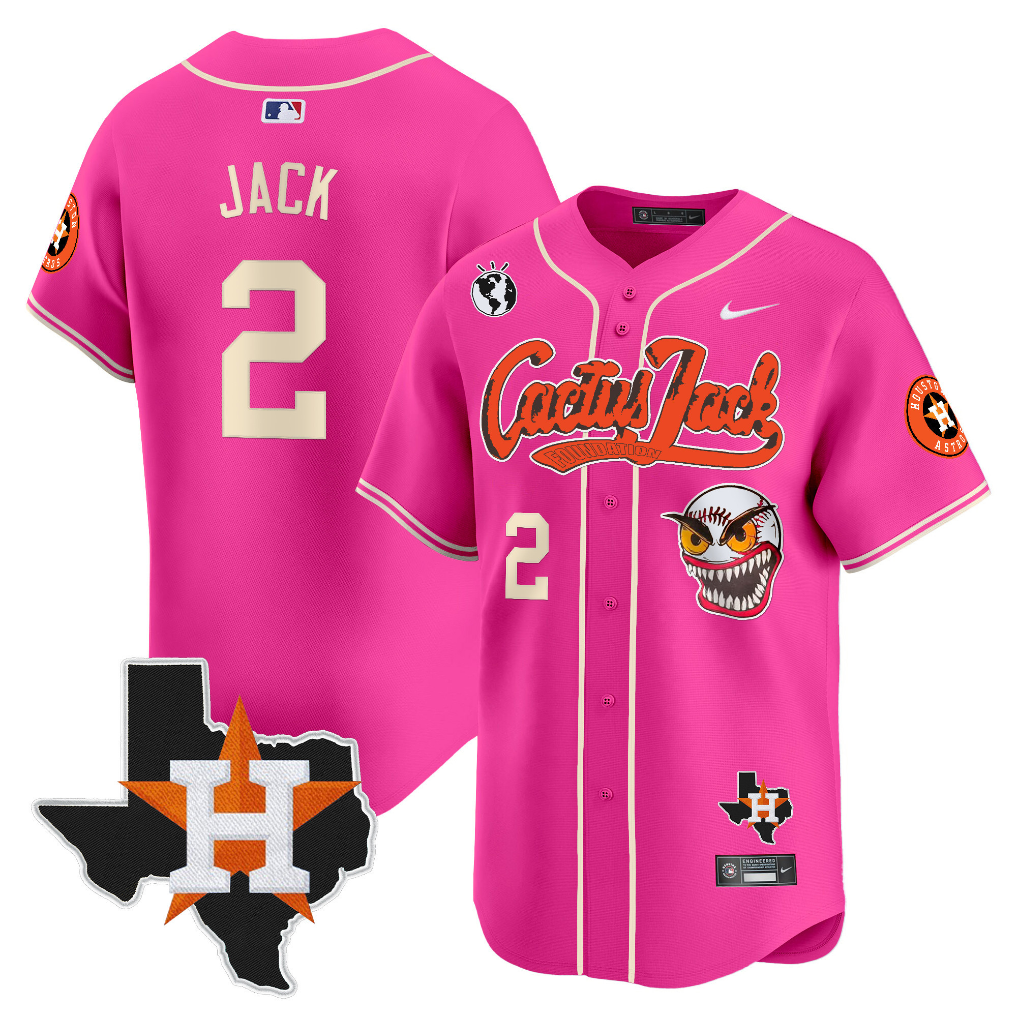 Men's Travis Scott Houston Astros Cactus Jack Patch Vapor Premier Limited Pink Jersey V12 - Stitched