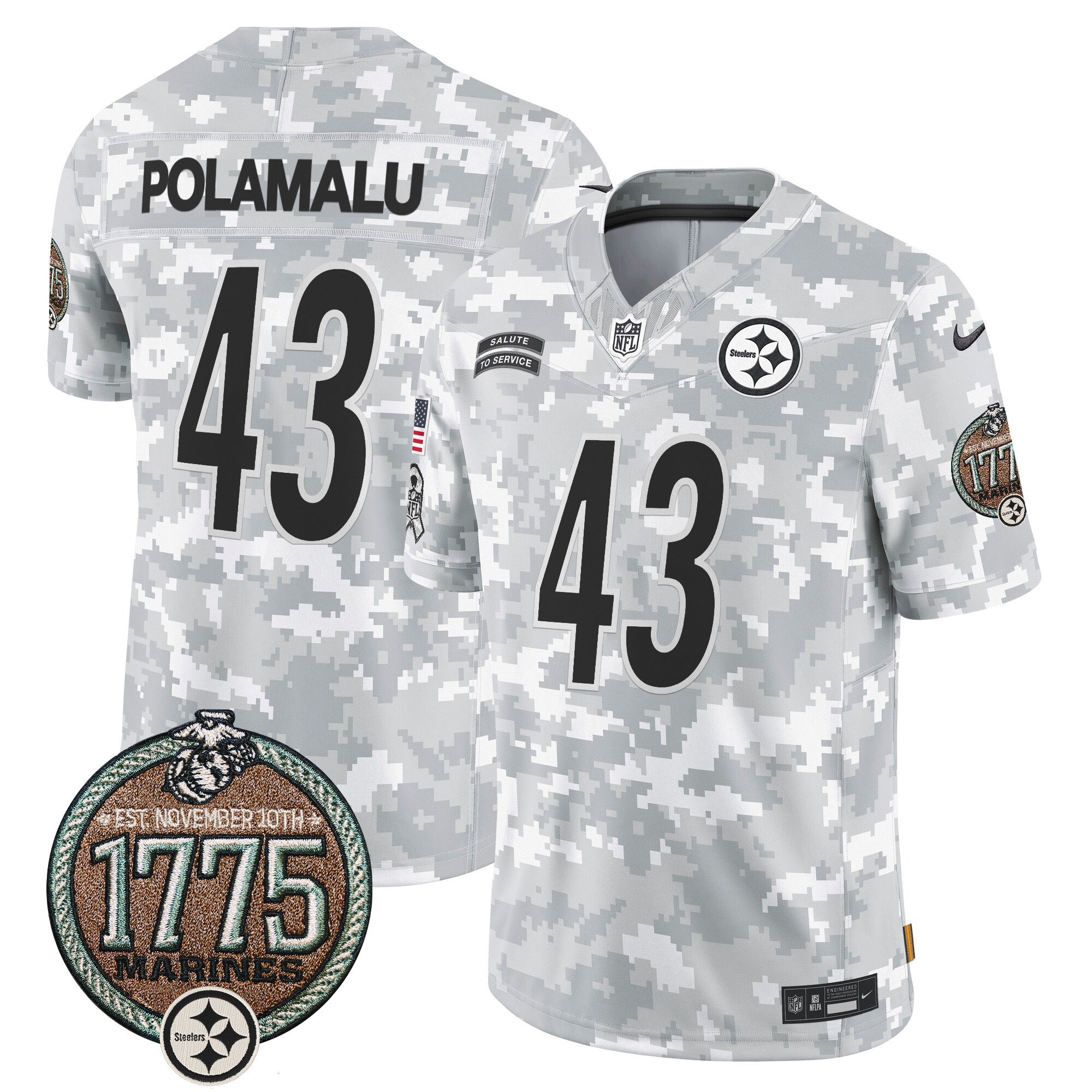 Men's Troy Polamalu Pittsburgh Steelers 2024 Salute to Service Establishment Year Patch Vapor Limited Marines Jersey - All Stitched
