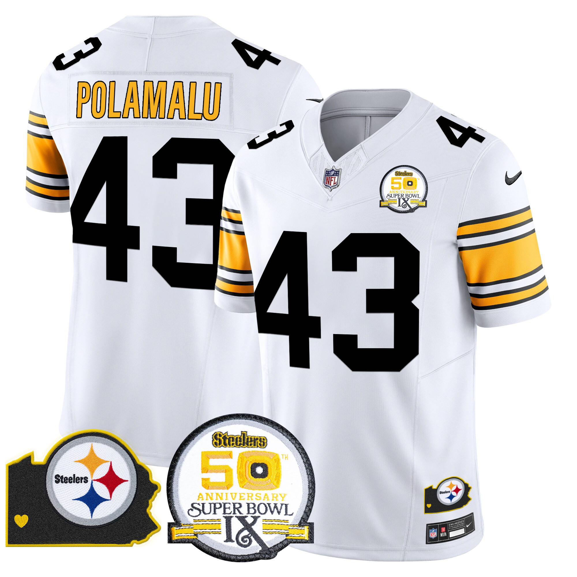 Men's Troy Polamalu Pittsburgh Steelers 50th Anniversary Of Super Bowl IX & Map Patch Vapor Limited 1975 White Jersey - All Stitched