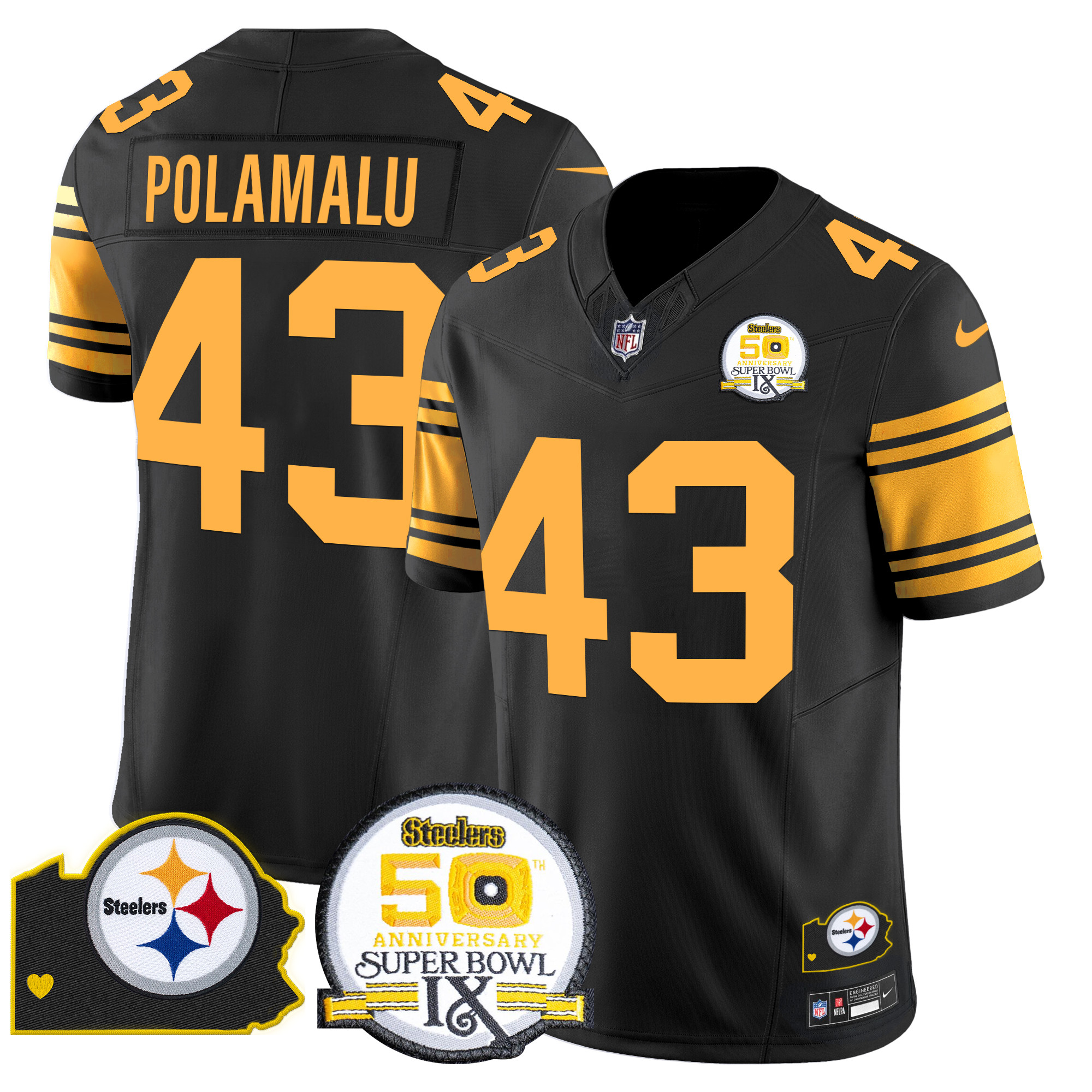 Men's Troy Polamalu Pittsburgh Steelers 50th Anniversary Of Super Bowl IX & Map Patch Vapor Limited Color Rush Jersey - All Stitched