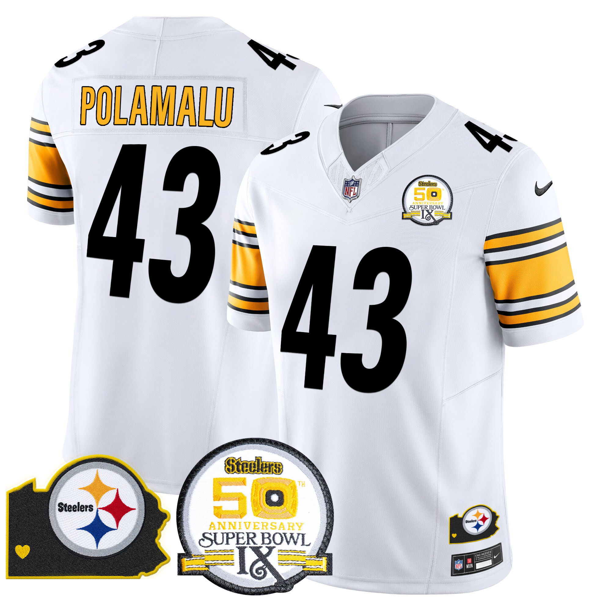 Men's Troy Polamalu Pittsburgh Steelers 50th Anniversary Of Super Bowl IX & Map Patch Vapor Limited White Jersey - All Stitched